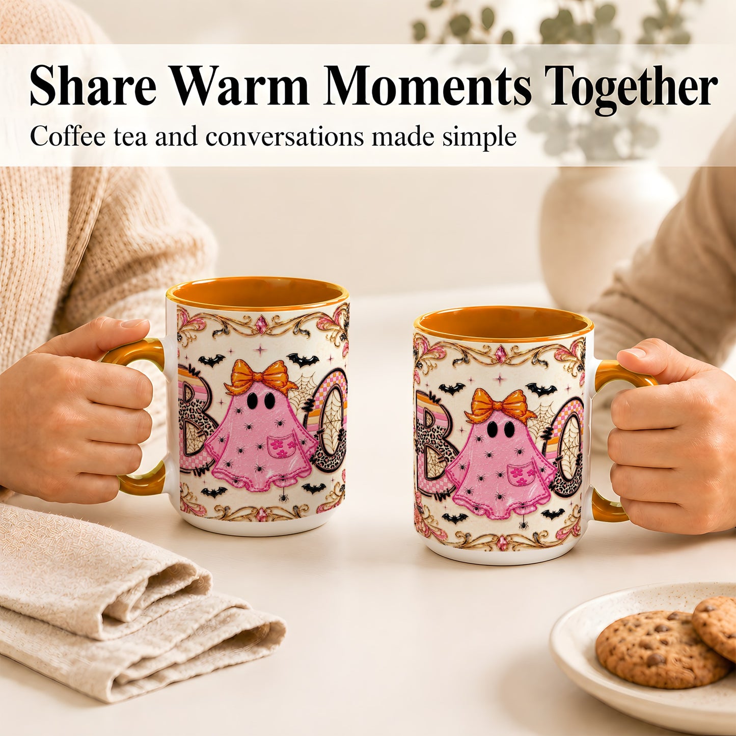 #pl[15oz|Orange] Pink Ghost Halloween Coffee Mug, Bow Ghost Mug, Ceramic Cup