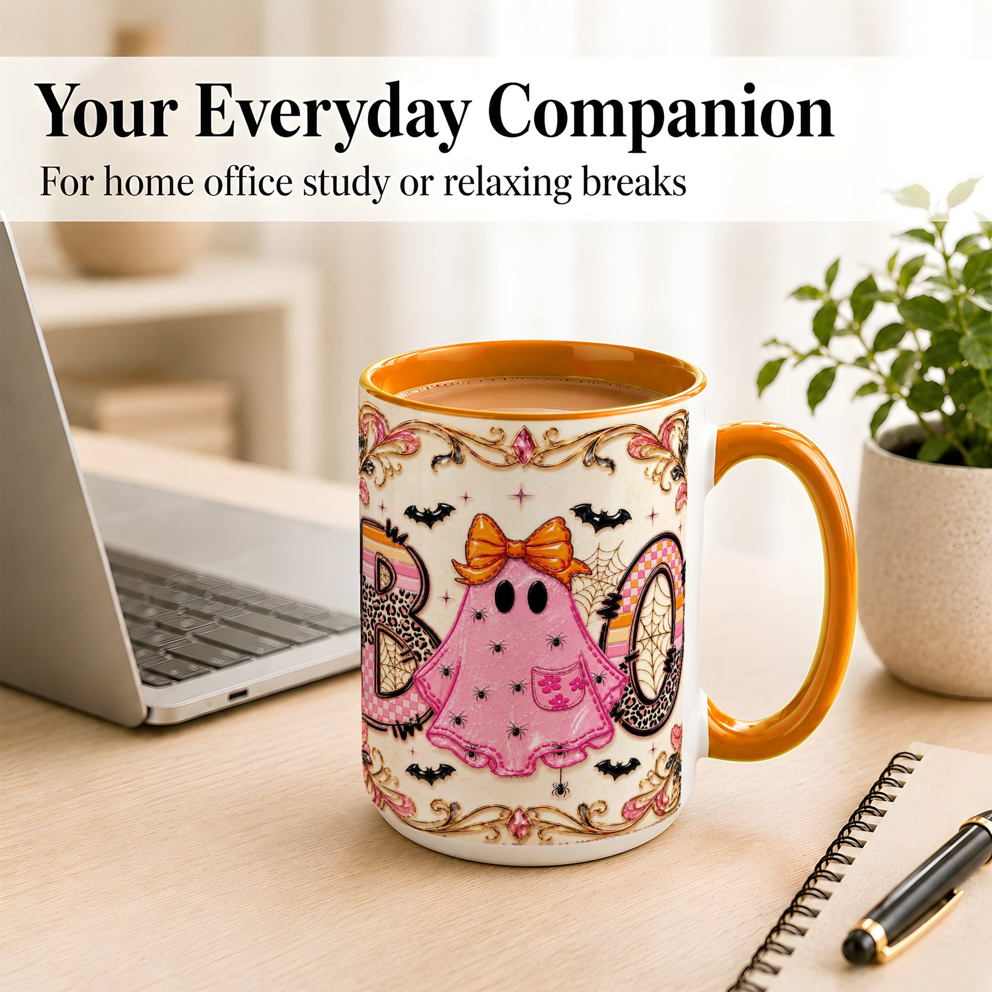 #pl[15oz|Orange] Pink Ghost Halloween Coffee Mug, Bow Ghost Mug, Ceramic Cup