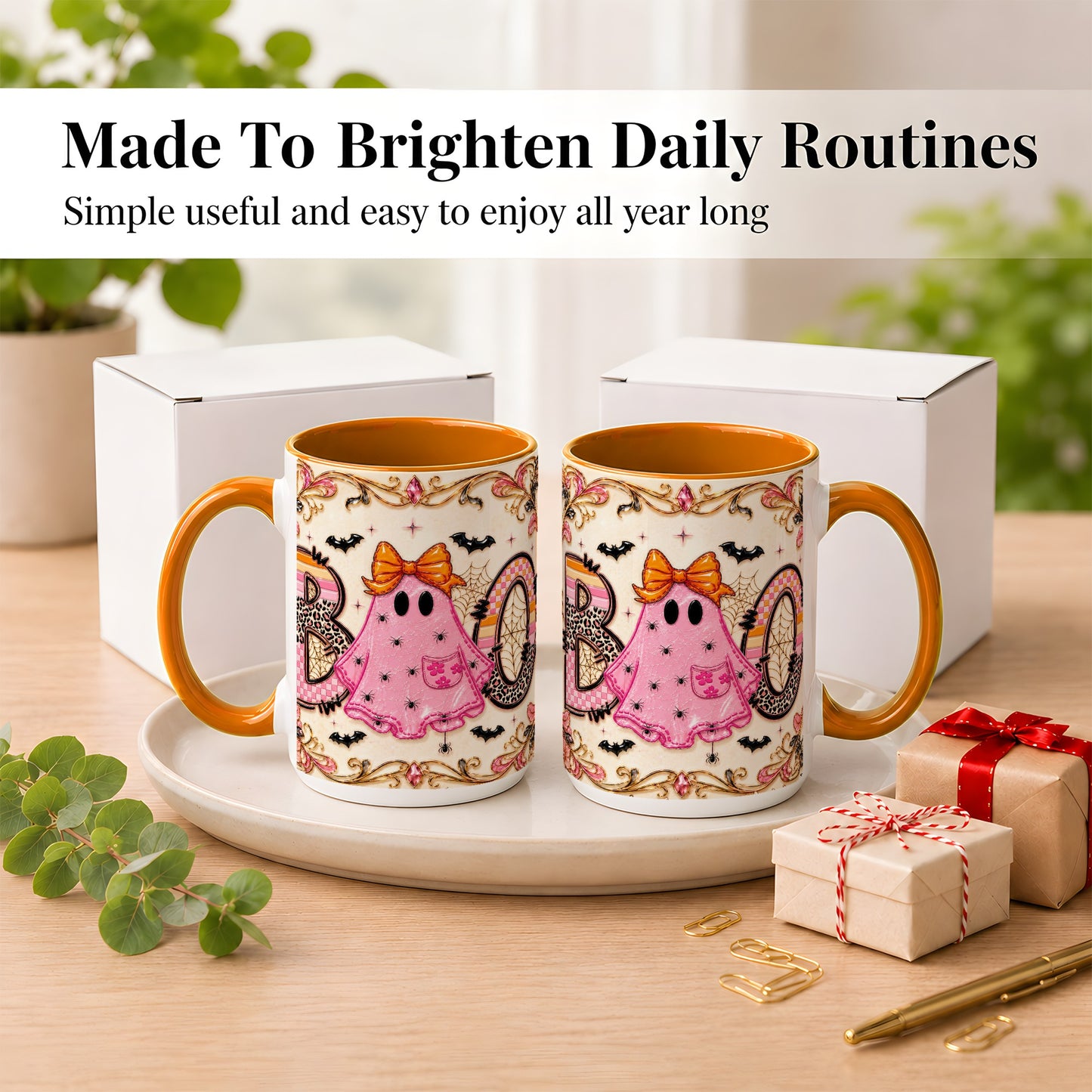 #pl[15oz|Orange] Pink Ghost Halloween Coffee Mug, Bow Ghost Mug, Ceramic Cup