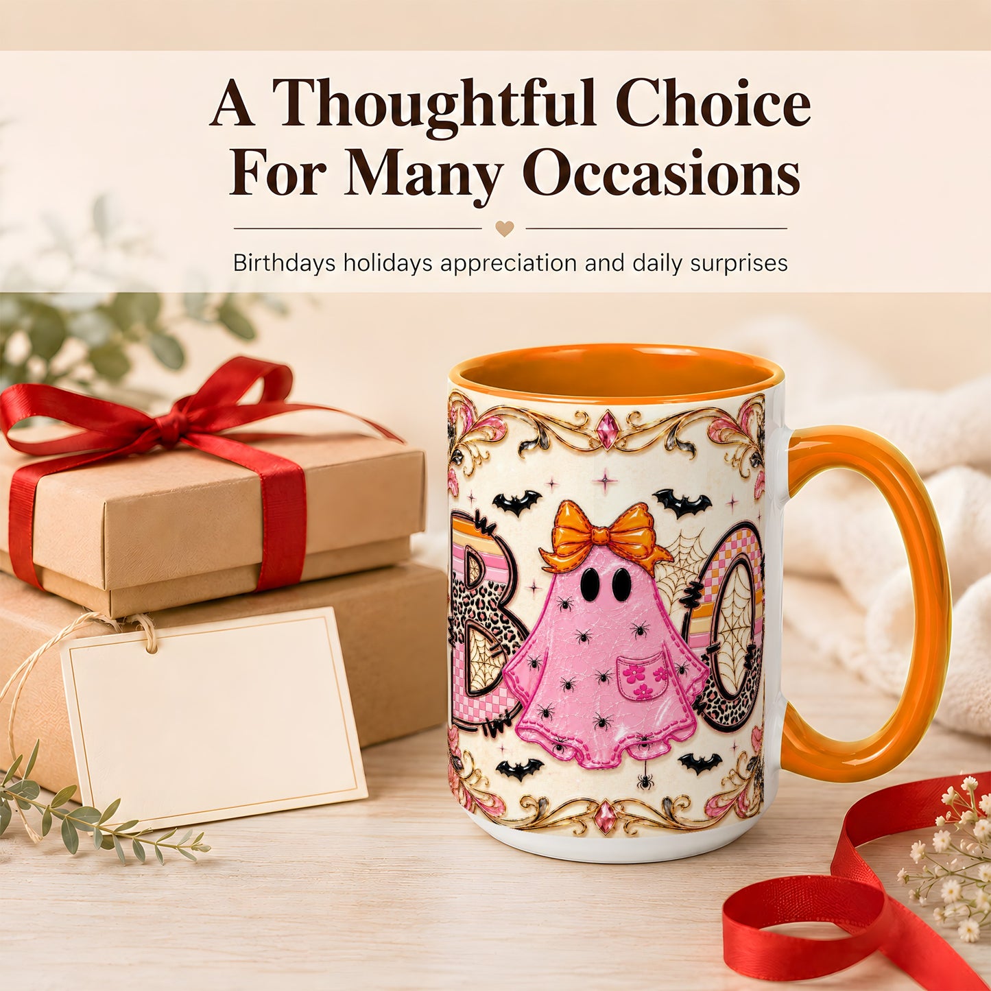 #pl[15oz|Orange] Pink Ghost Halloween Coffee Mug, Bow Ghost Mug, Ceramic Cup