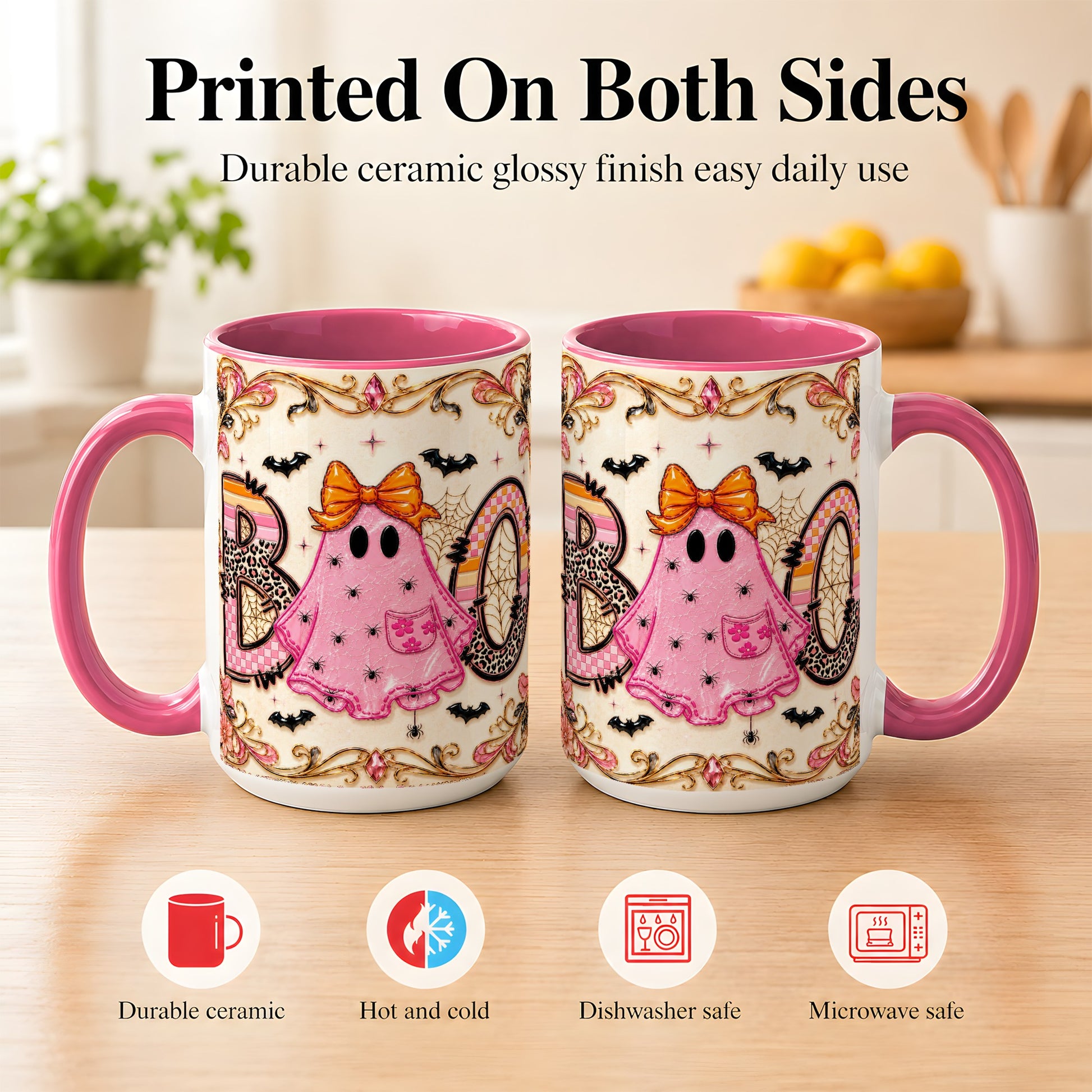 #pl[15oz|Pink] Pink Ghost Halloween Coffee Mug, Bow Ghost Mug, Ceramic Cup