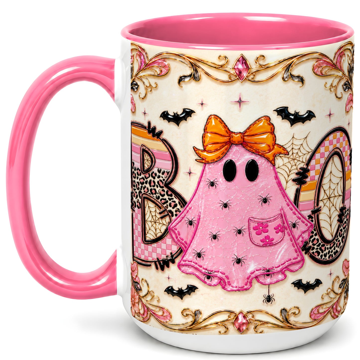 #pl[15oz|Pink] Pink Ghost Halloween Coffee Mug, Bow Ghost Mug, Ceramic Cup