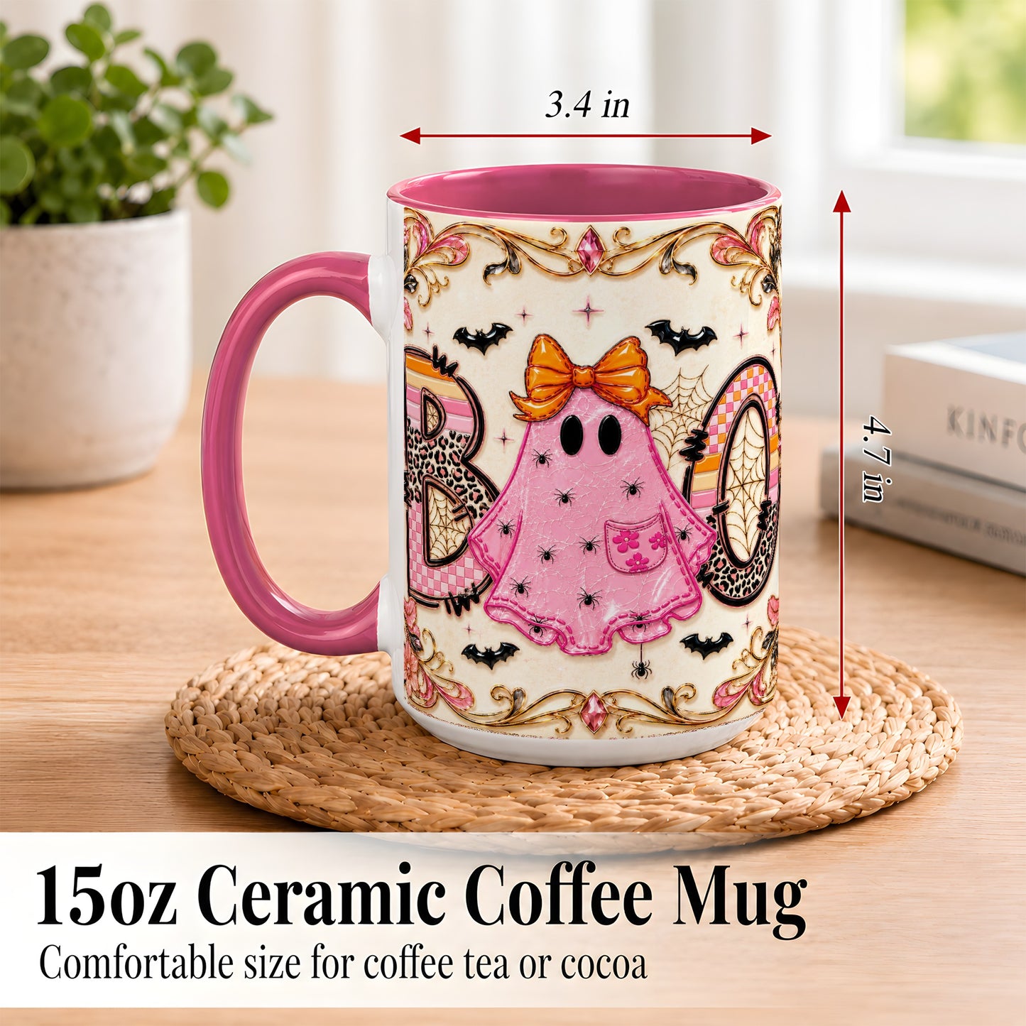 #pl[15oz|Pink] Pink Ghost Halloween Coffee Mug, Bow Ghost Mug, Ceramic Cup