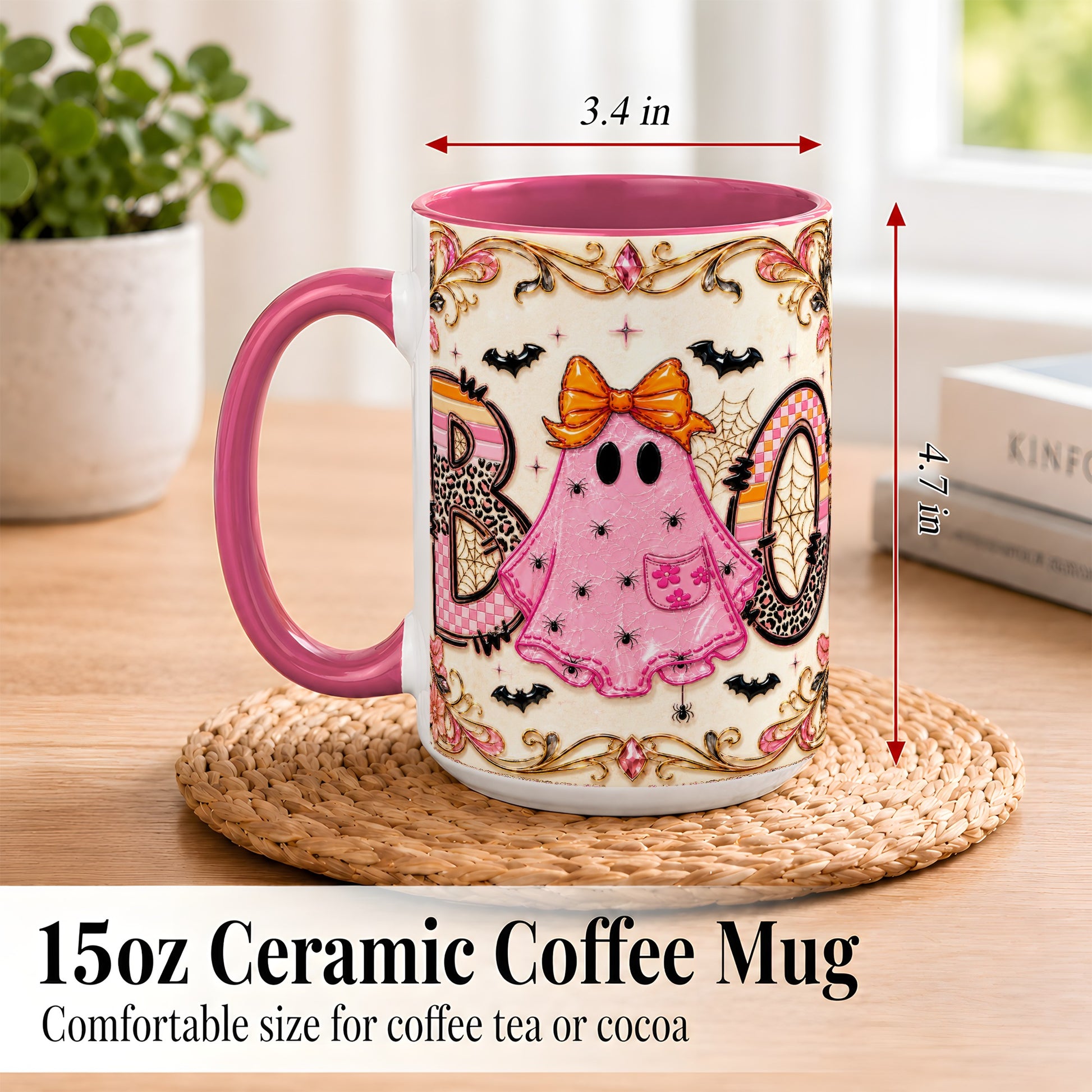 #pl[15oz|Pink] Pink Ghost Halloween Coffee Mug, Bow Ghost Mug, Ceramic Cup