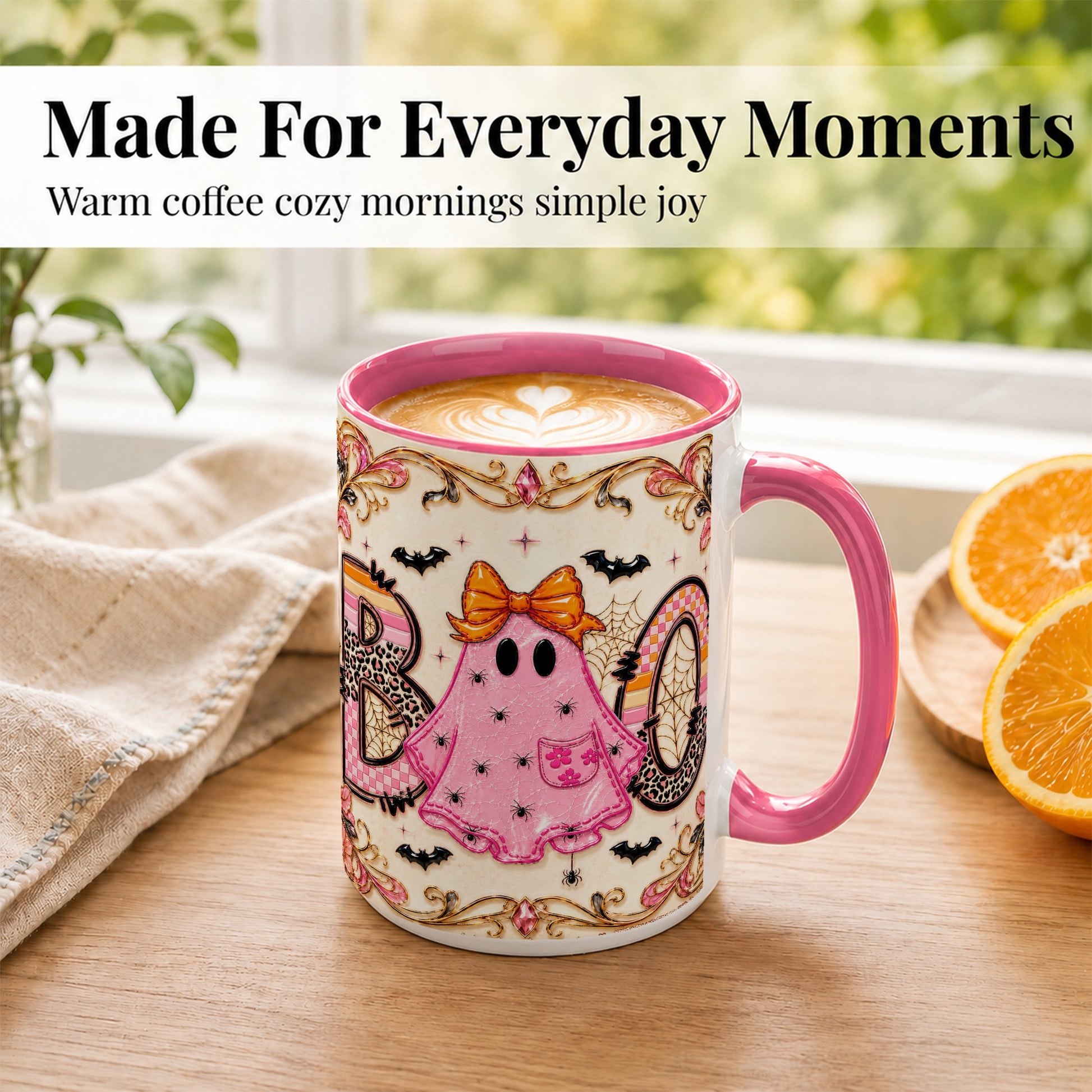 #pl[15oz|Pink] Pink Ghost Halloween Coffee Mug, Bow Ghost Mug, Ceramic Cup
