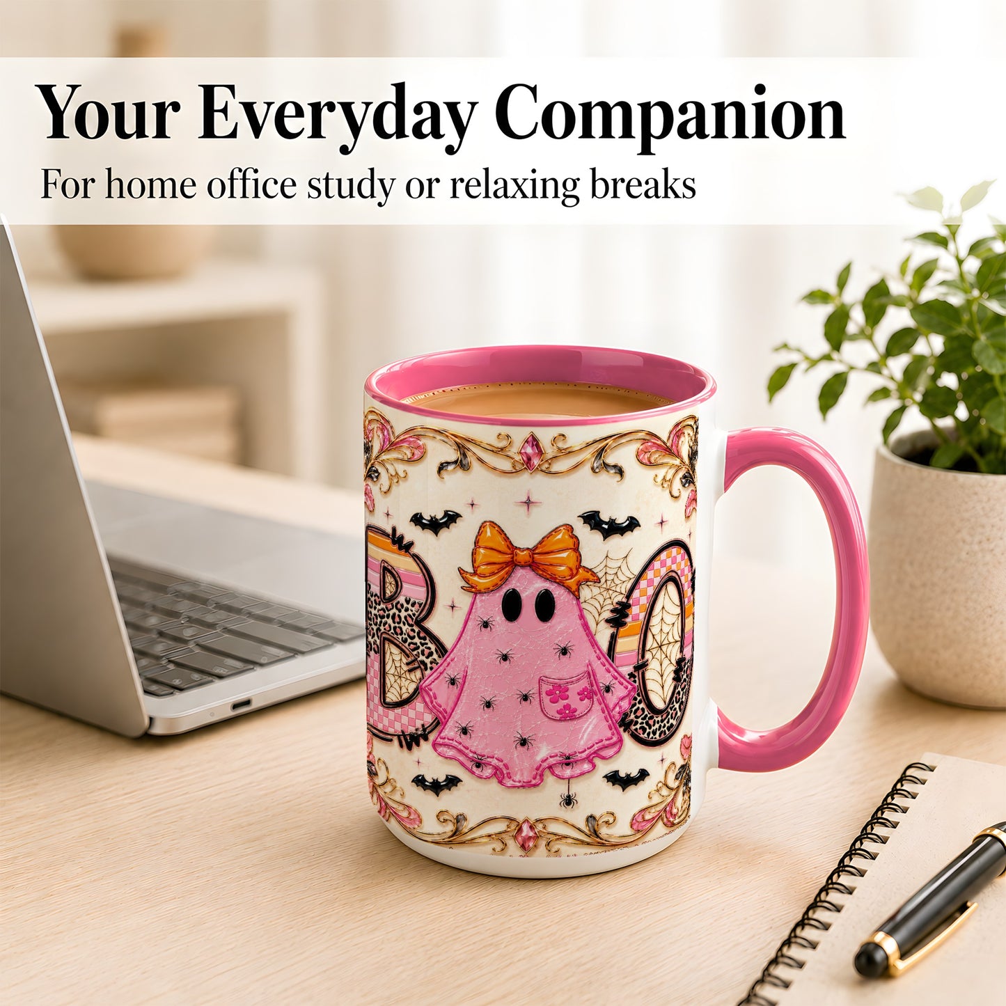 #pl[15oz|Pink] Pink Ghost Halloween Coffee Mug, Bow Ghost Mug, Ceramic Cup