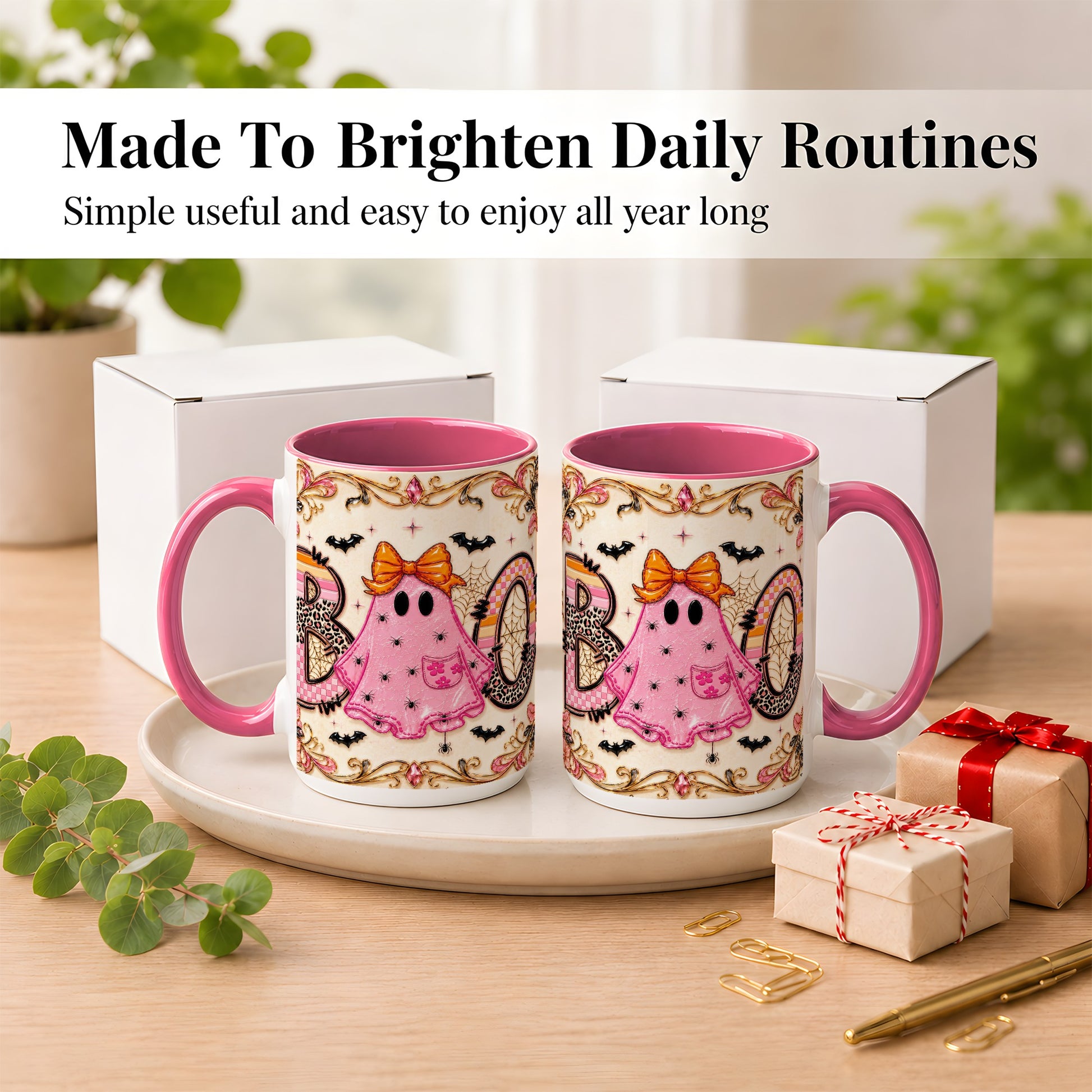 #pl[15oz|Pink] Pink Ghost Halloween Coffee Mug, Bow Ghost Mug, Ceramic Cup