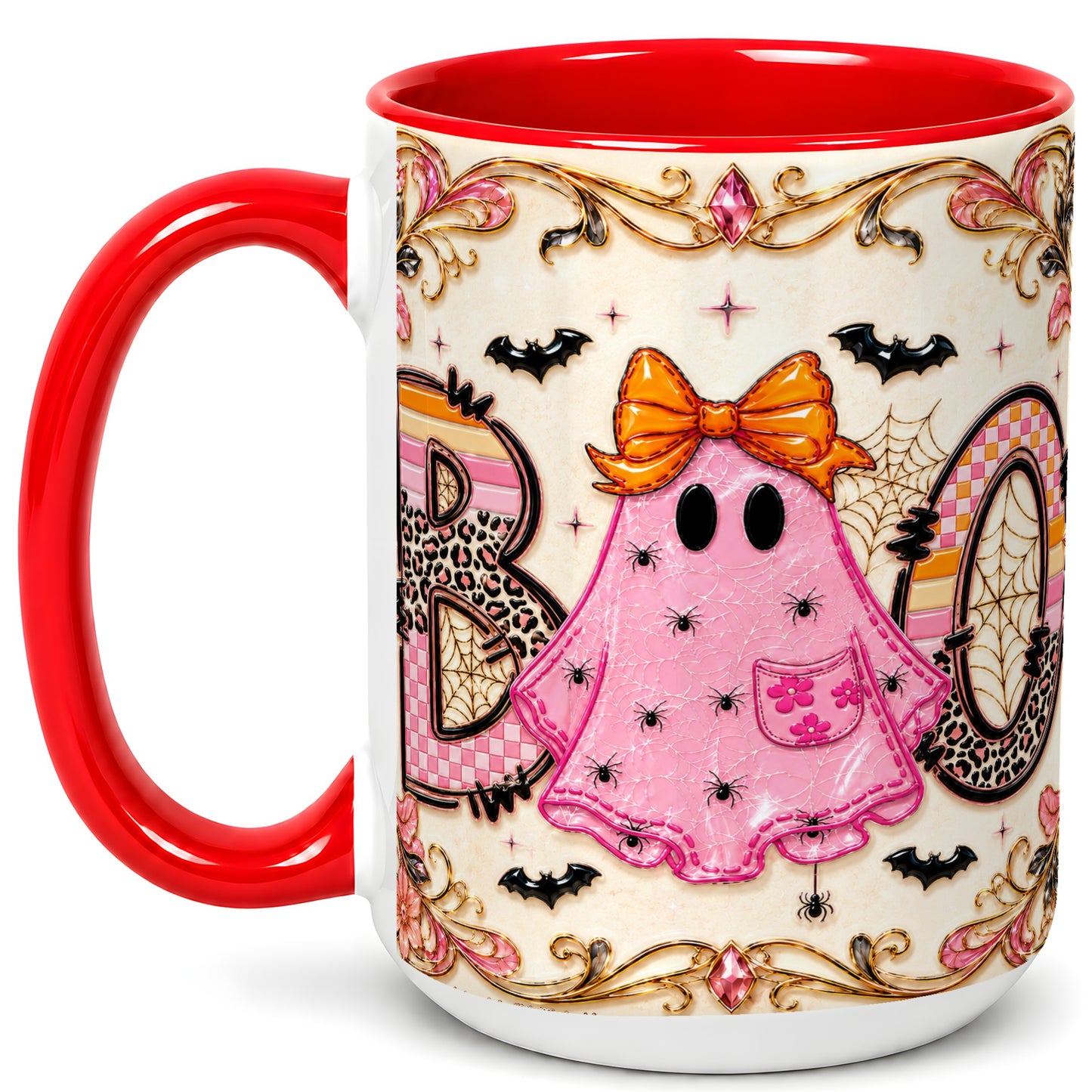 #pl[15oz|Red] Pink Ghost Halloween Coffee Mug, Bow Ghost Mug, Ceramic Cup