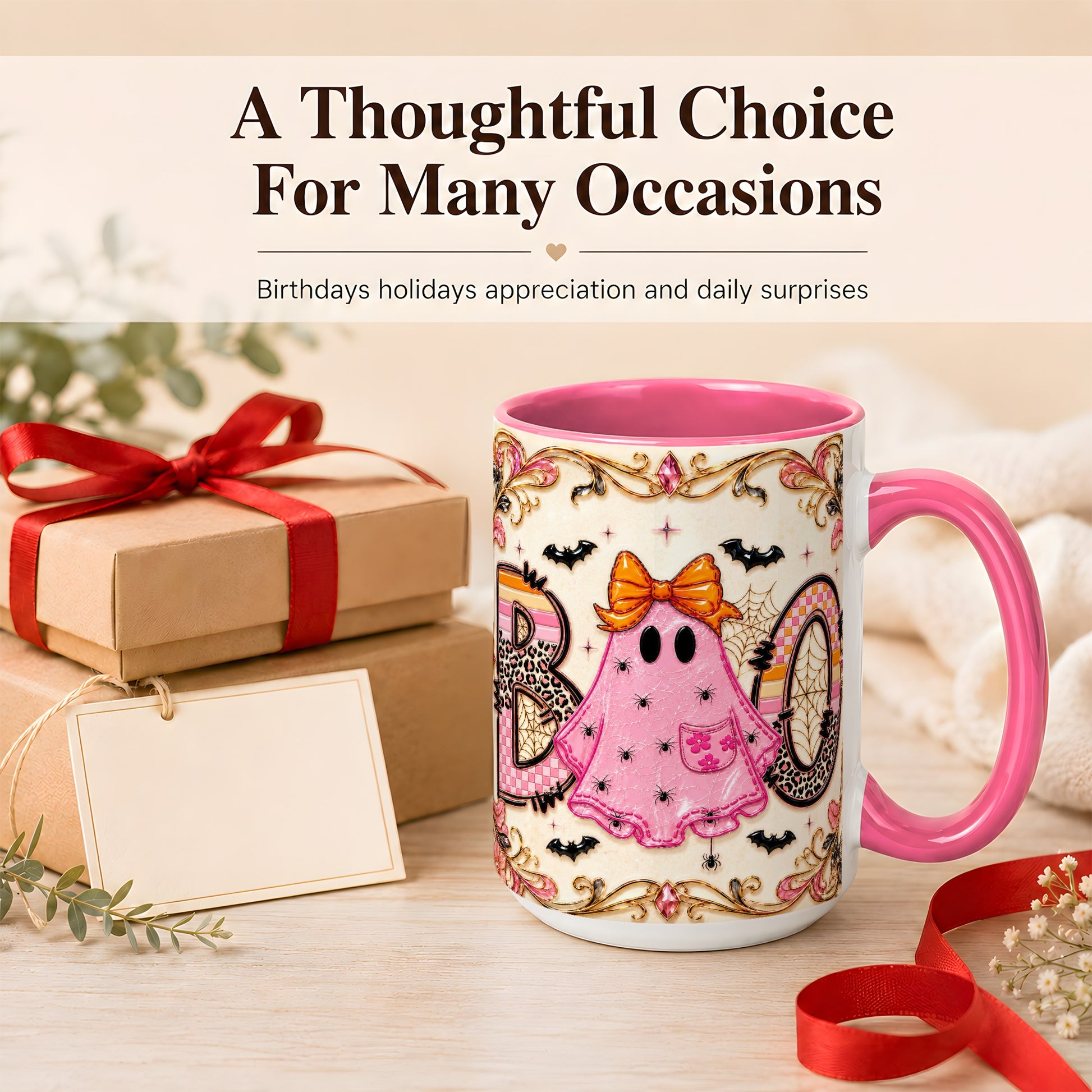 #pl[15oz|Pink] Pink Ghost Halloween Coffee Mug, Bow Ghost Mug, Ceramic Cup