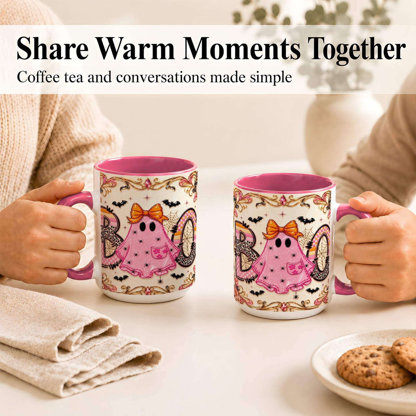 #pl[15oz|Pink] Pink Ghost Halloween Coffee Mug, Bow Ghost Mug, Ceramic Cup
