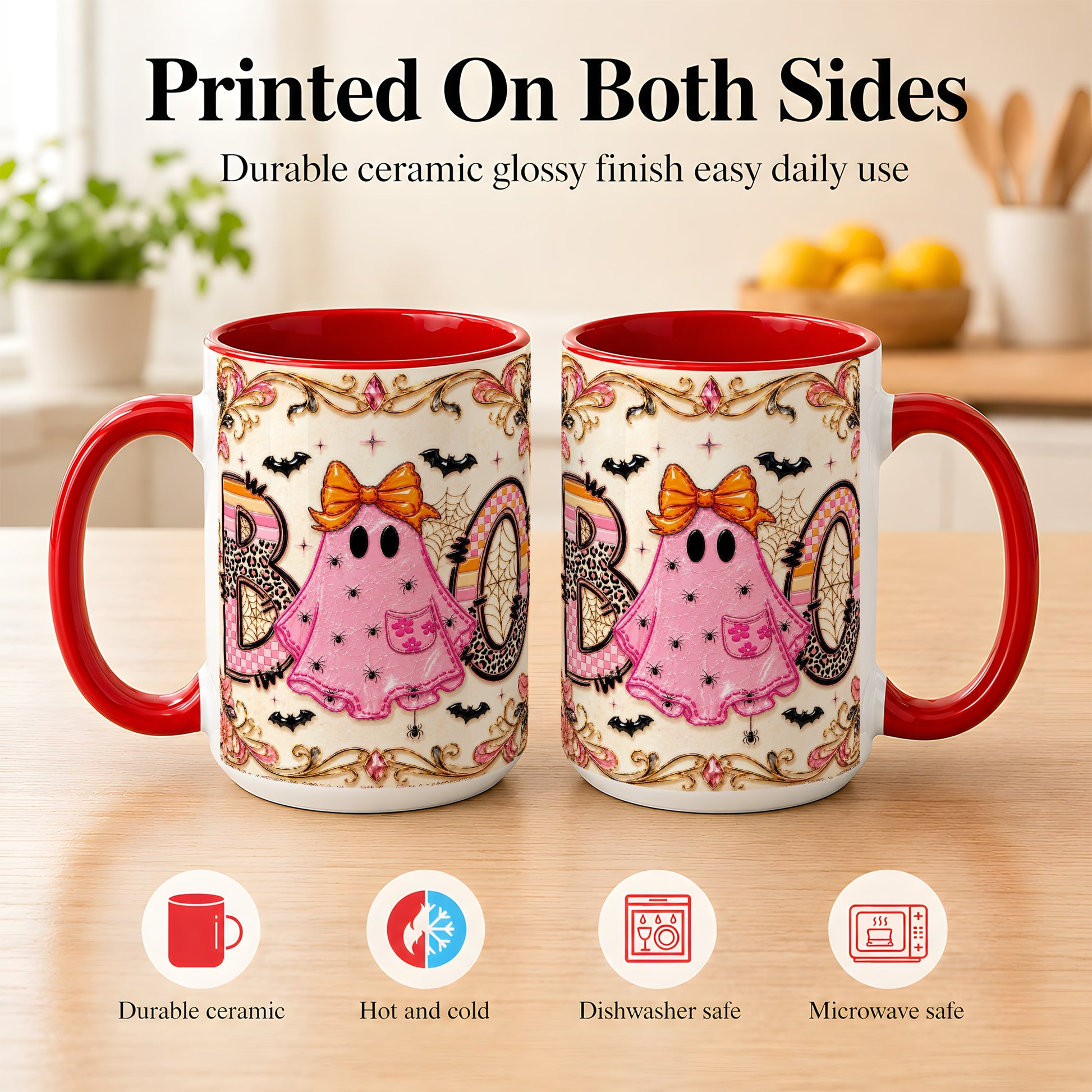 #pl[15oz|Red] Pink Ghost Halloween Coffee Mug, Bow Ghost Mug, Ceramic Cup