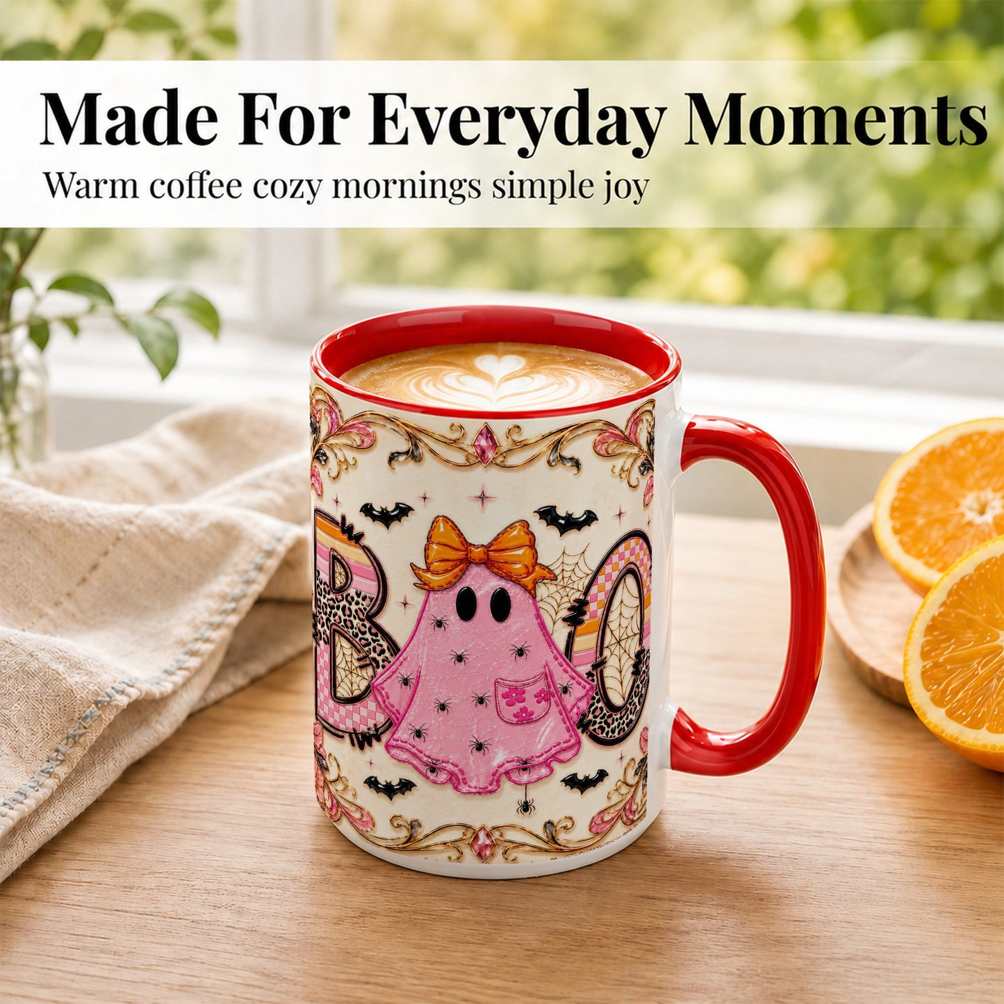 #pl[15oz|Red] Pink Ghost Halloween Coffee Mug, Bow Ghost Mug, Ceramic Cup