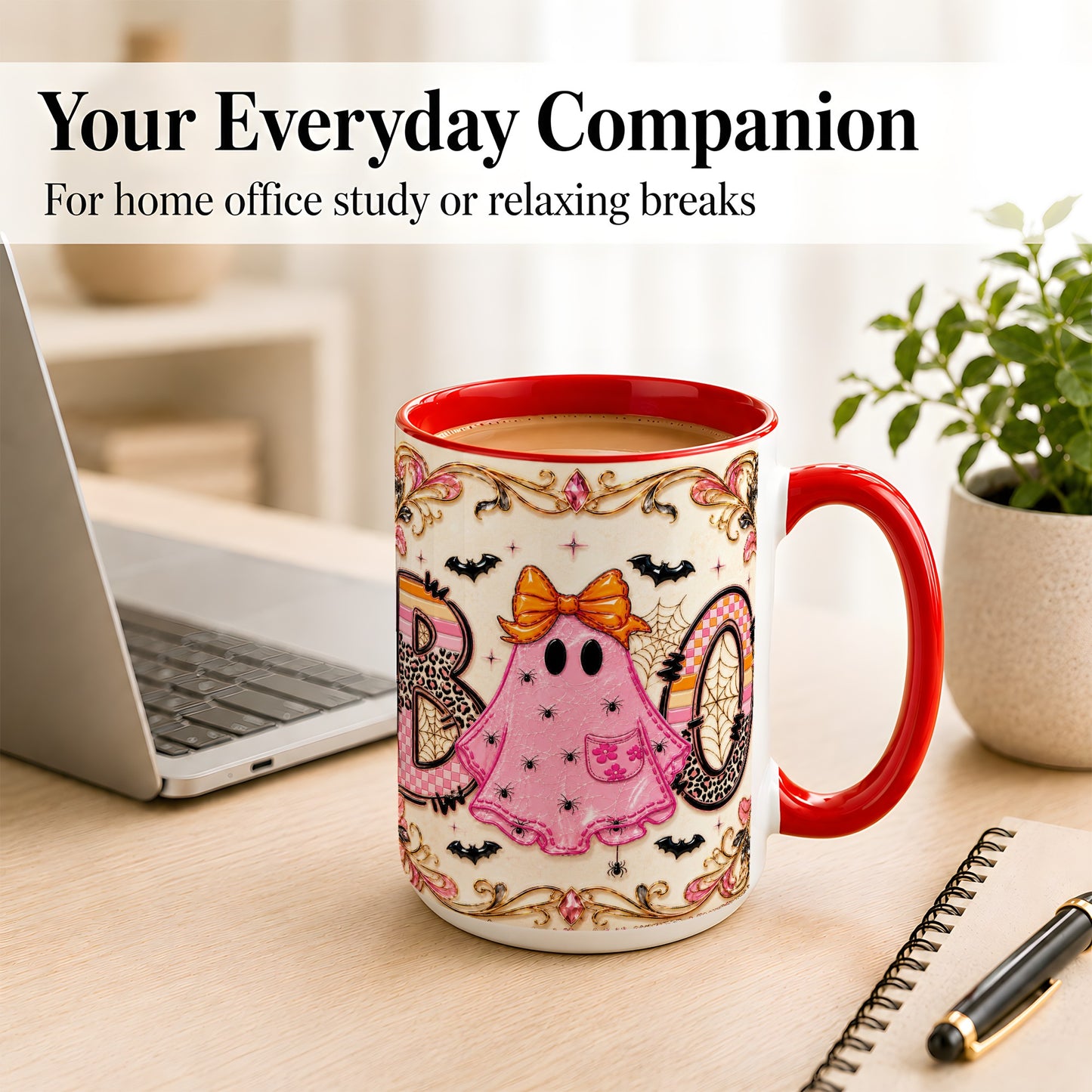 #pl[15oz|Red] Pink Ghost Halloween Coffee Mug, Bow Ghost Mug, Ceramic Cup