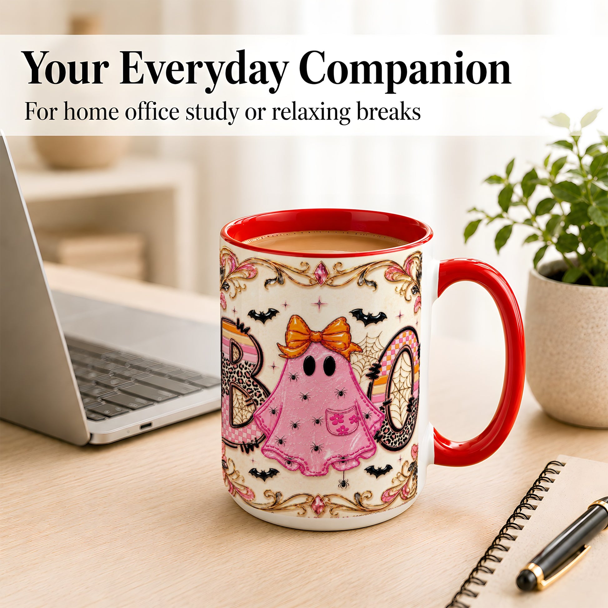 #pl[15oz|Red] Pink Ghost Halloween Coffee Mug, Bow Ghost Mug, Ceramic Cup