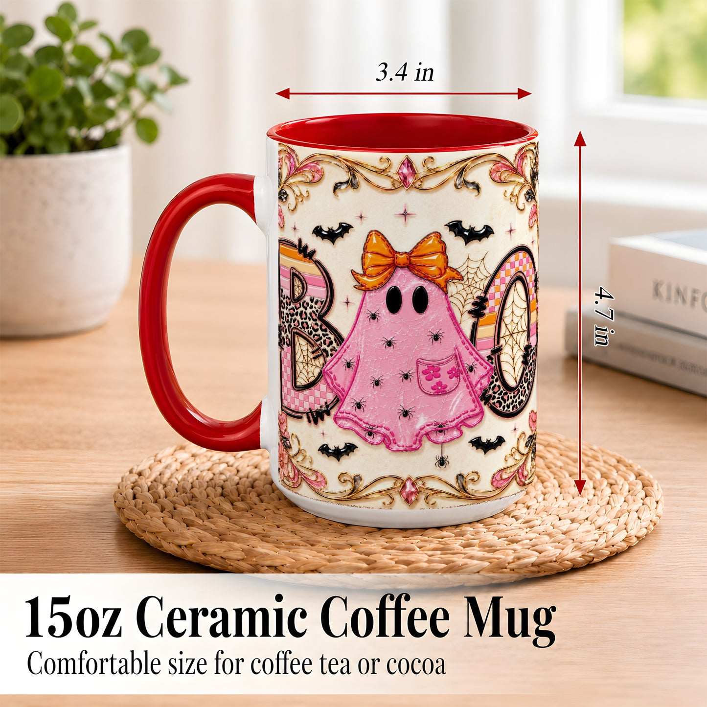 #pl[15oz|Red] Pink Ghost Halloween Coffee Mug, Bow Ghost Mug, Ceramic Cup