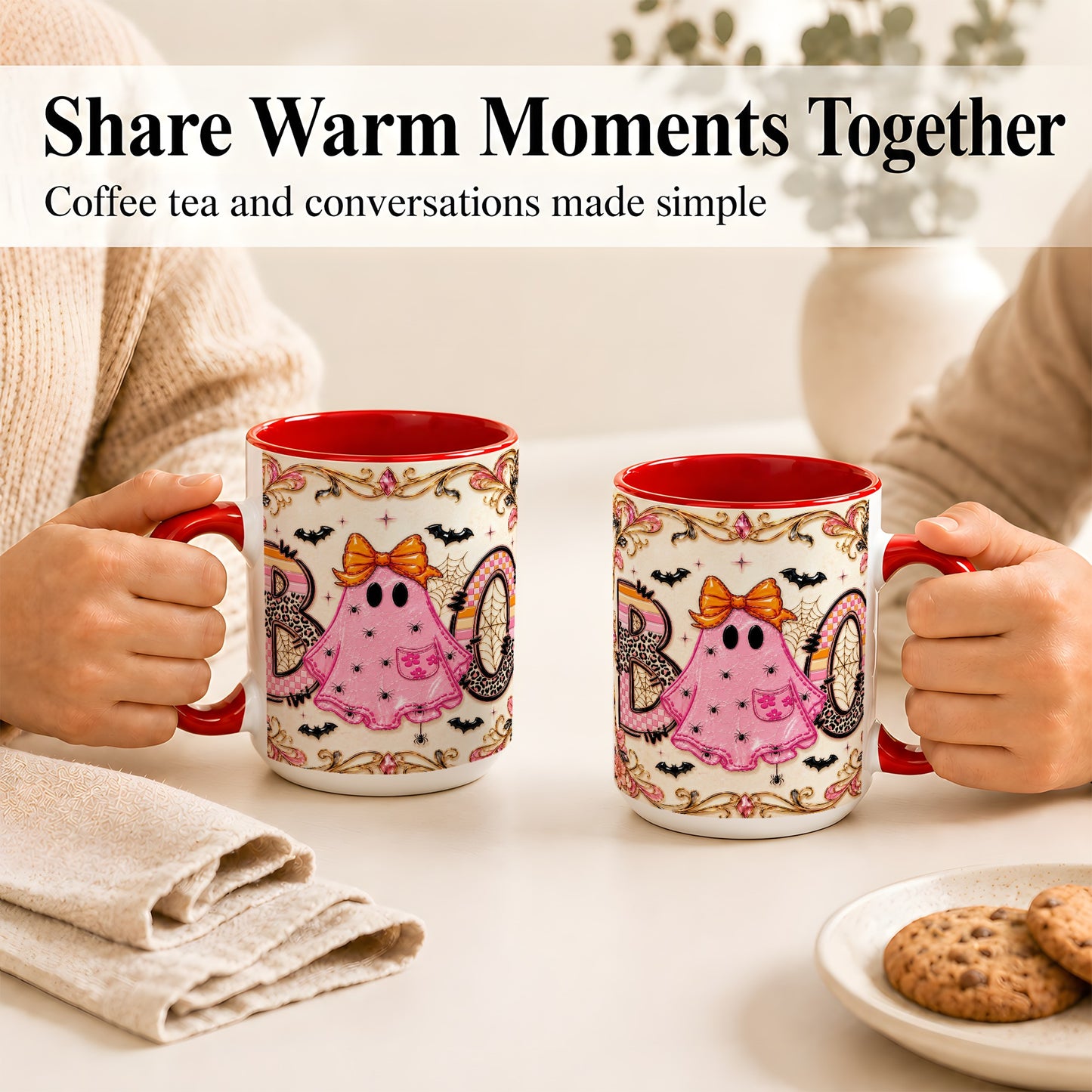 #pl[15oz|Red] Pink Ghost Halloween Coffee Mug, Bow Ghost Mug, Ceramic Cup