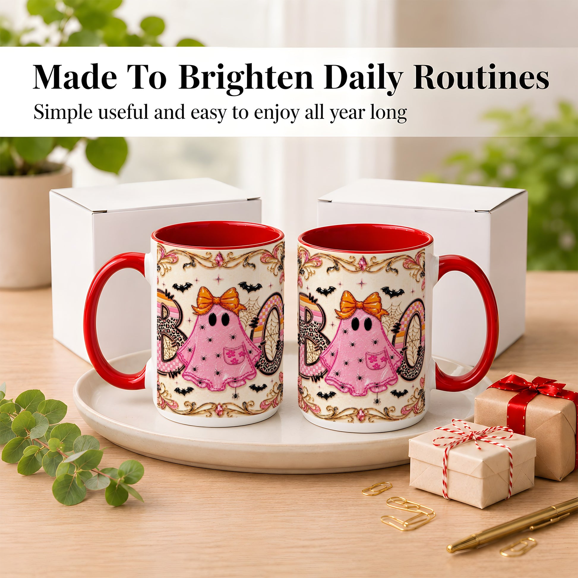 #pl[15oz|Red] Pink Ghost Halloween Coffee Mug, Bow Ghost Mug, Ceramic Cup