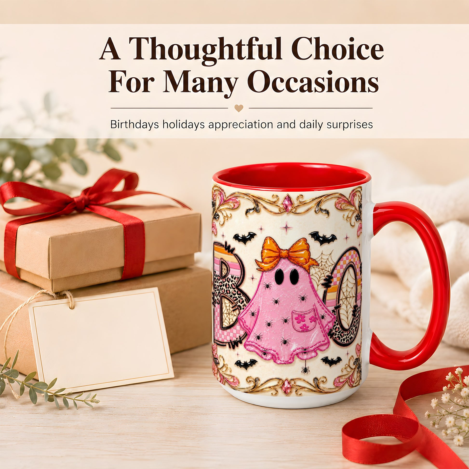 #pl[15oz|Red] Pink Ghost Halloween Coffee Mug, Bow Ghost Mug, Ceramic Cup
