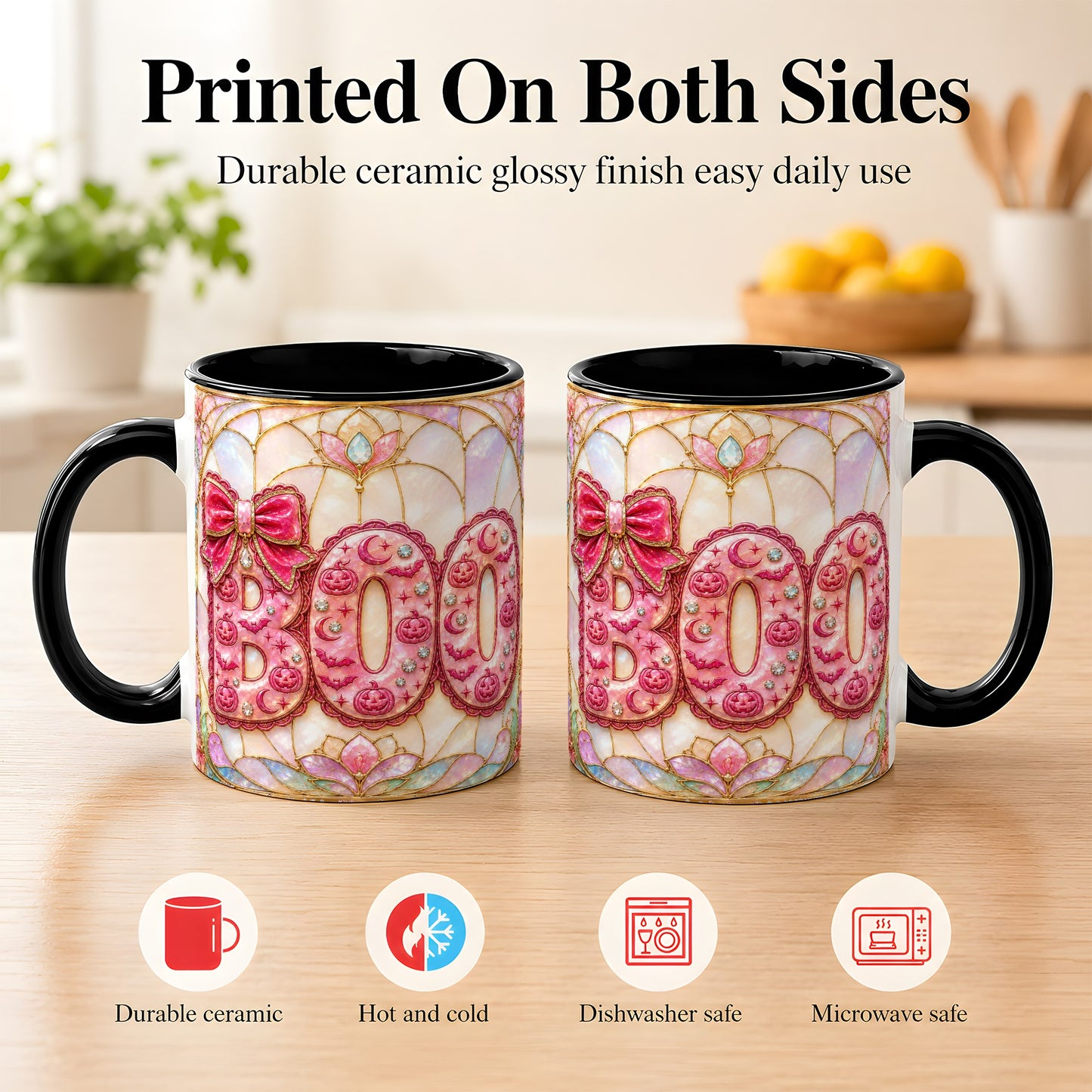 #pl[11oz|Black] Pink Halloween Coffee Mug, Pumpkin Moon Mug, Ceramic Cup