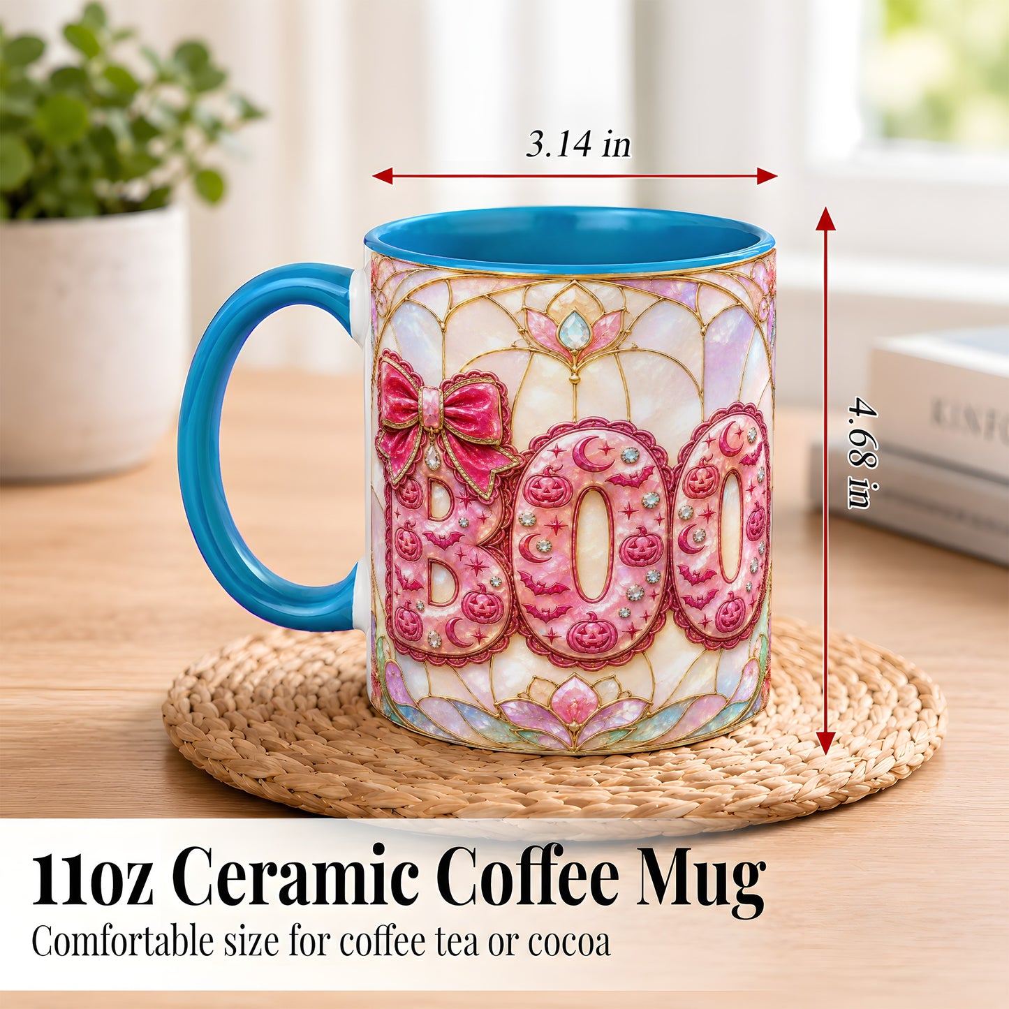 #pl[11oz|Blue] Pink Halloween Coffee Mug, Pumpkin Moon Mug, Ceramic Cup