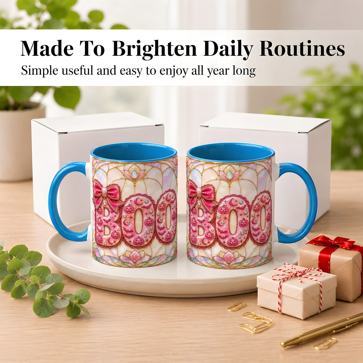 #pl[11oz|Blue] Pink Halloween Coffee Mug, Pumpkin Moon Mug, Ceramic Cup
