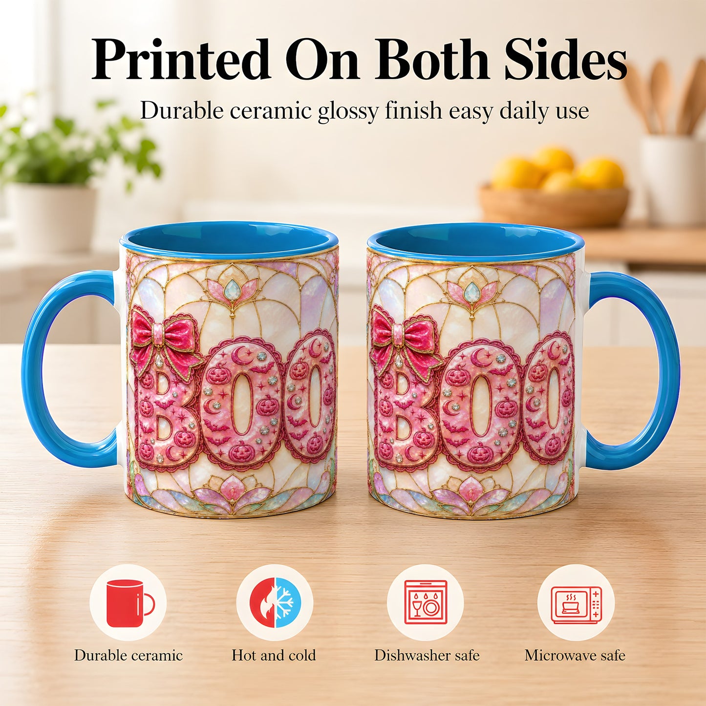 #pl[11oz|Blue] Pink Halloween Coffee Mug, Pumpkin Moon Mug, Ceramic Cup
