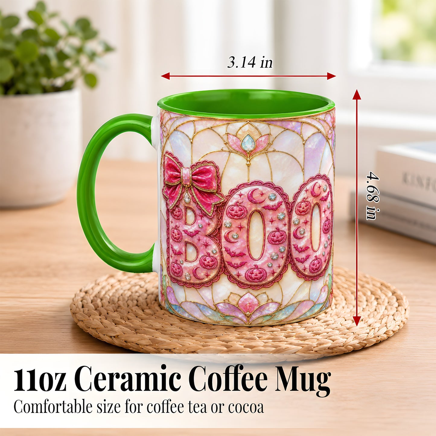 #pl[11oz|Green] Pink Halloween Coffee Mug, Pumpkin Moon Mug, Ceramic Cup