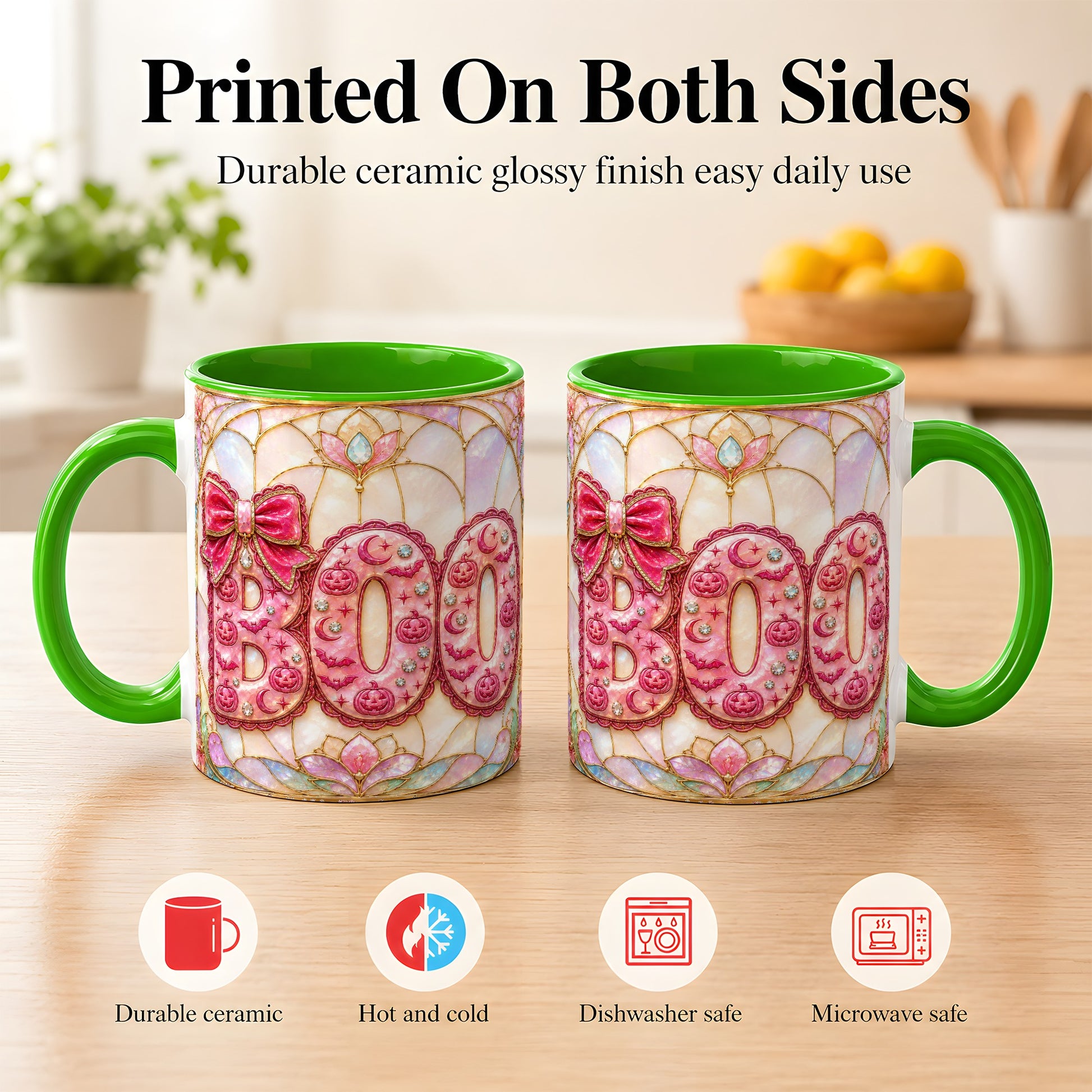 #pl[11oz|Green] Pink Halloween Coffee Mug, Pumpkin Moon Mug, Ceramic Cup