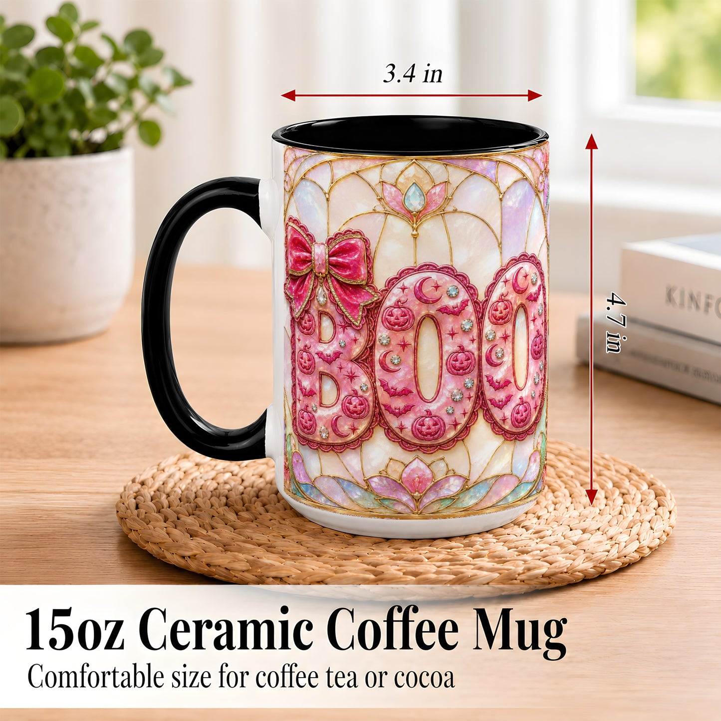 #pl[15oz|Black] Pink Halloween Coffee Mug, Pumpkin Moon Mug, Ceramic Cup