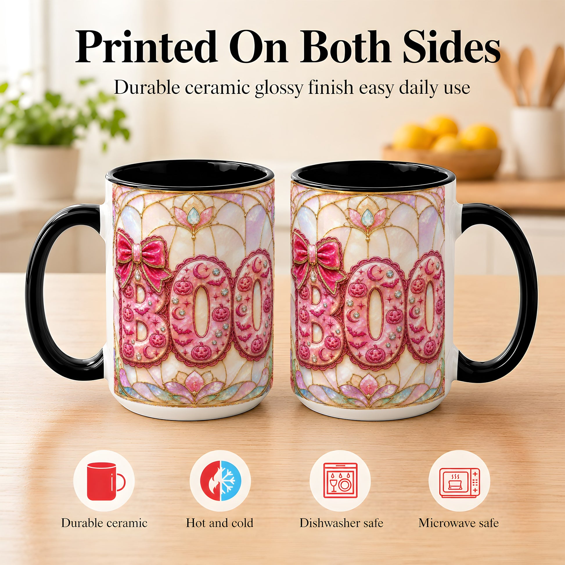#pl[15oz|Black] Pink Halloween Coffee Mug, Pumpkin Moon Mug, Ceramic Cup