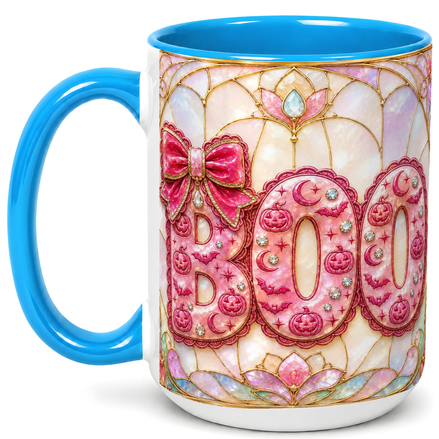#pl[15oz|Blue] Pink Halloween Coffee Mug, Pumpkin Moon Mug, Ceramic Cup