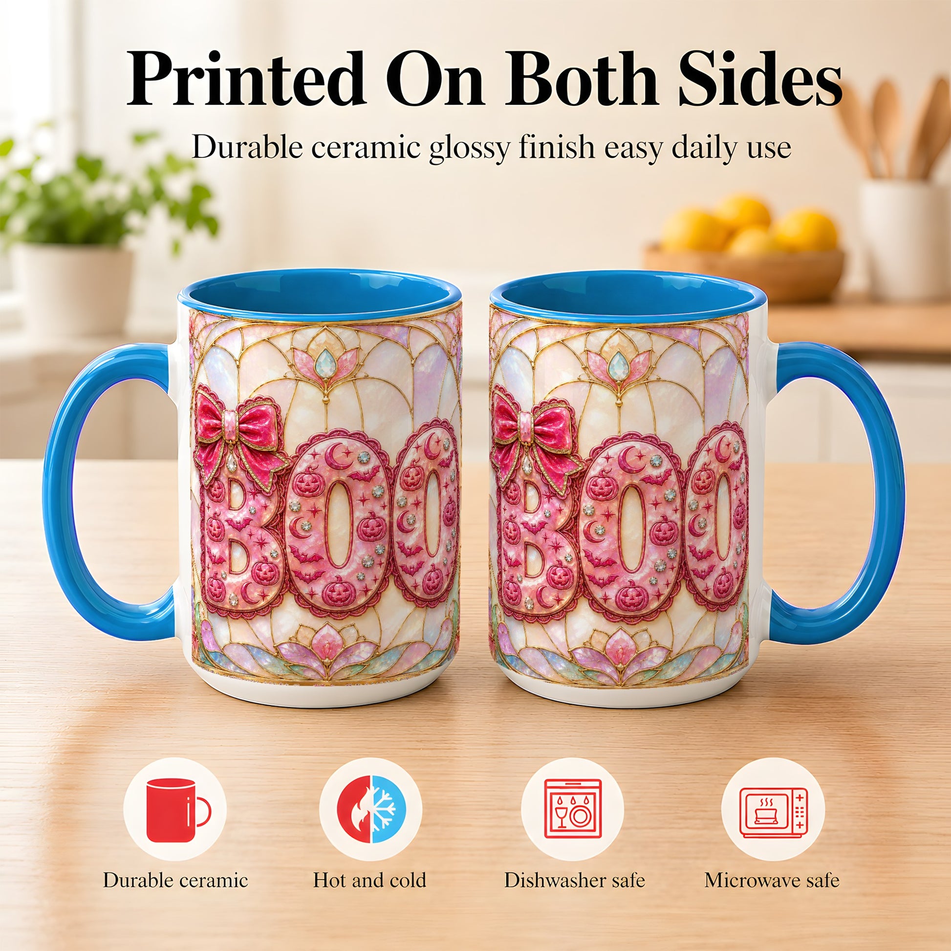 #pl[15oz|Blue] Pink Halloween Coffee Mug, Pumpkin Moon Mug, Ceramic Cup