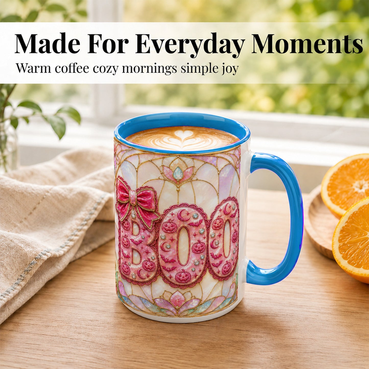 #pl[15oz|Blue] Pink Halloween Coffee Mug, Pumpkin Moon Mug, Ceramic Cup