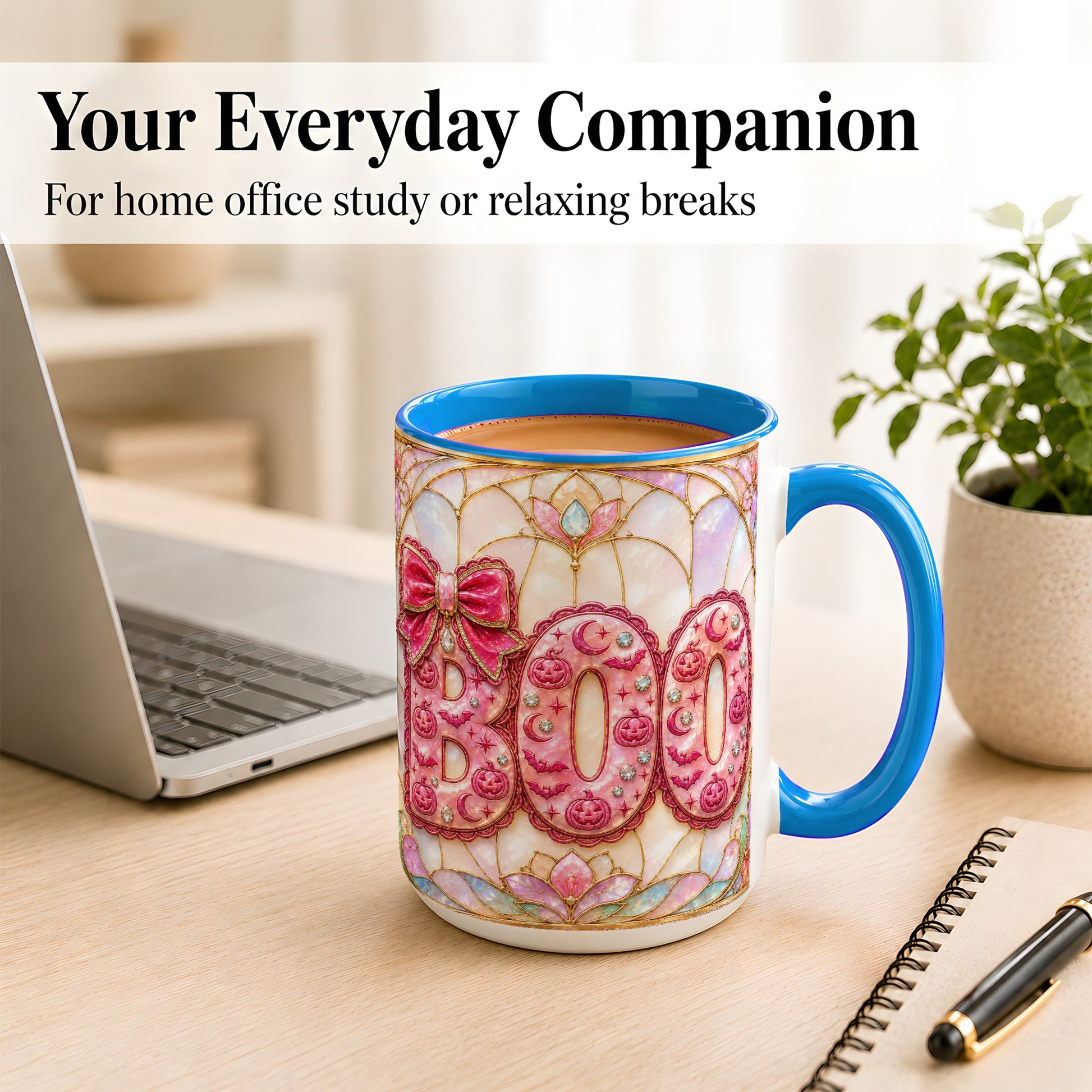 #pl[15oz|Blue] Pink Halloween Coffee Mug, Pumpkin Moon Mug, Ceramic Cup