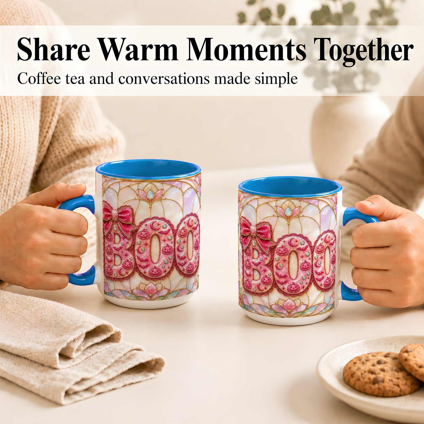 #pl[15oz|Blue] Pink Halloween Coffee Mug, Pumpkin Moon Mug, Ceramic Cup