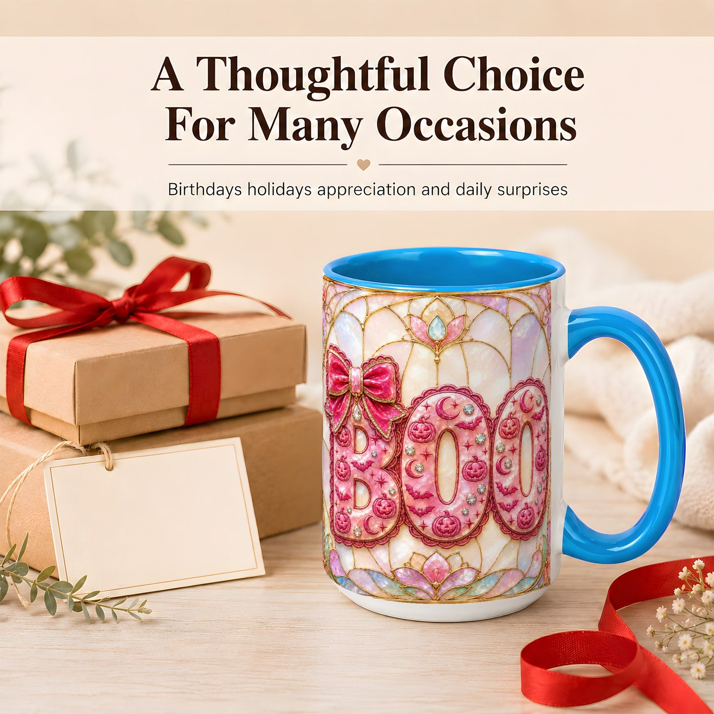 #pl[15oz|Blue] Pink Halloween Coffee Mug, Pumpkin Moon Mug, Ceramic Cup