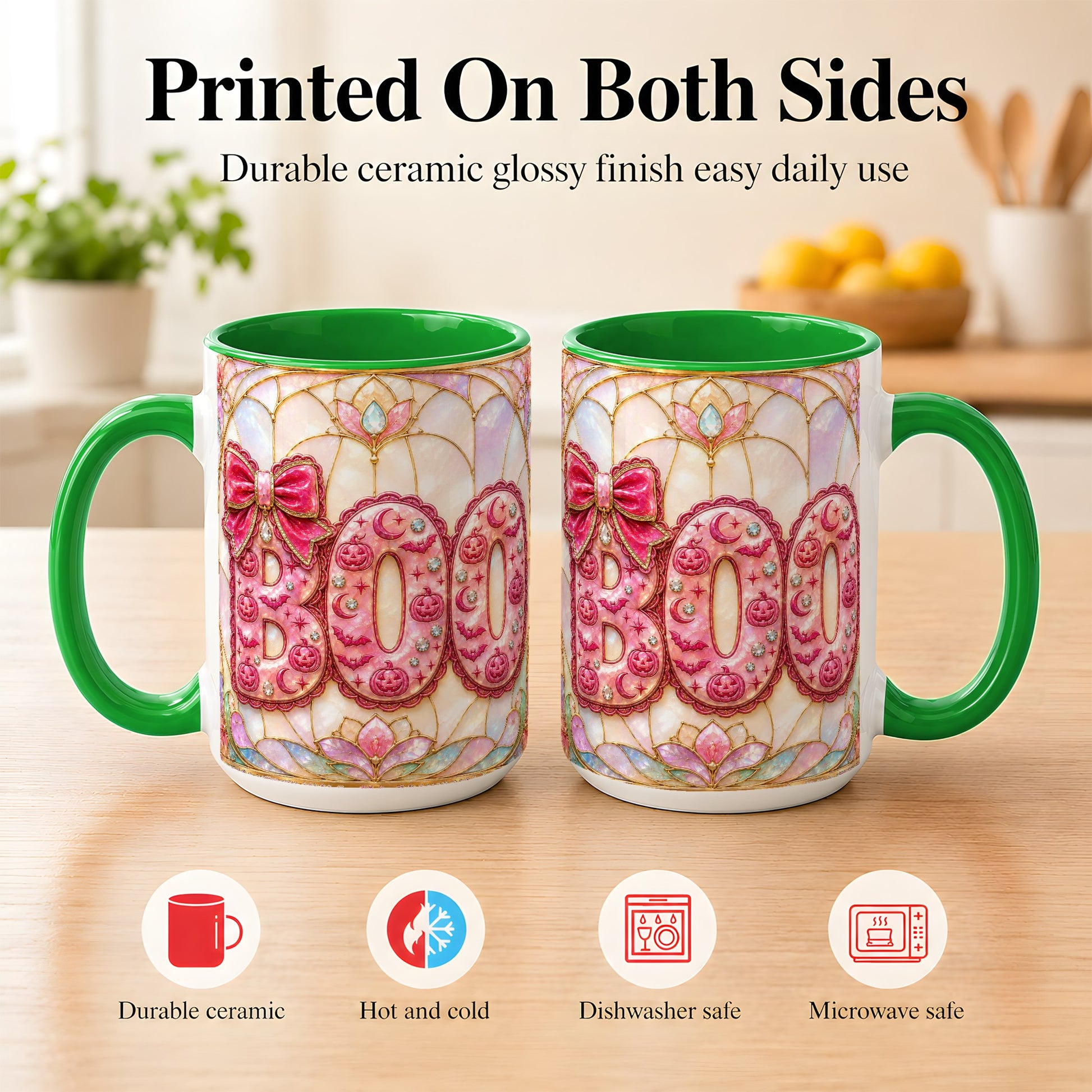#pl[15oz|Green] Pink Halloween Coffee Mug, Pumpkin Moon Mug, Ceramic Cup