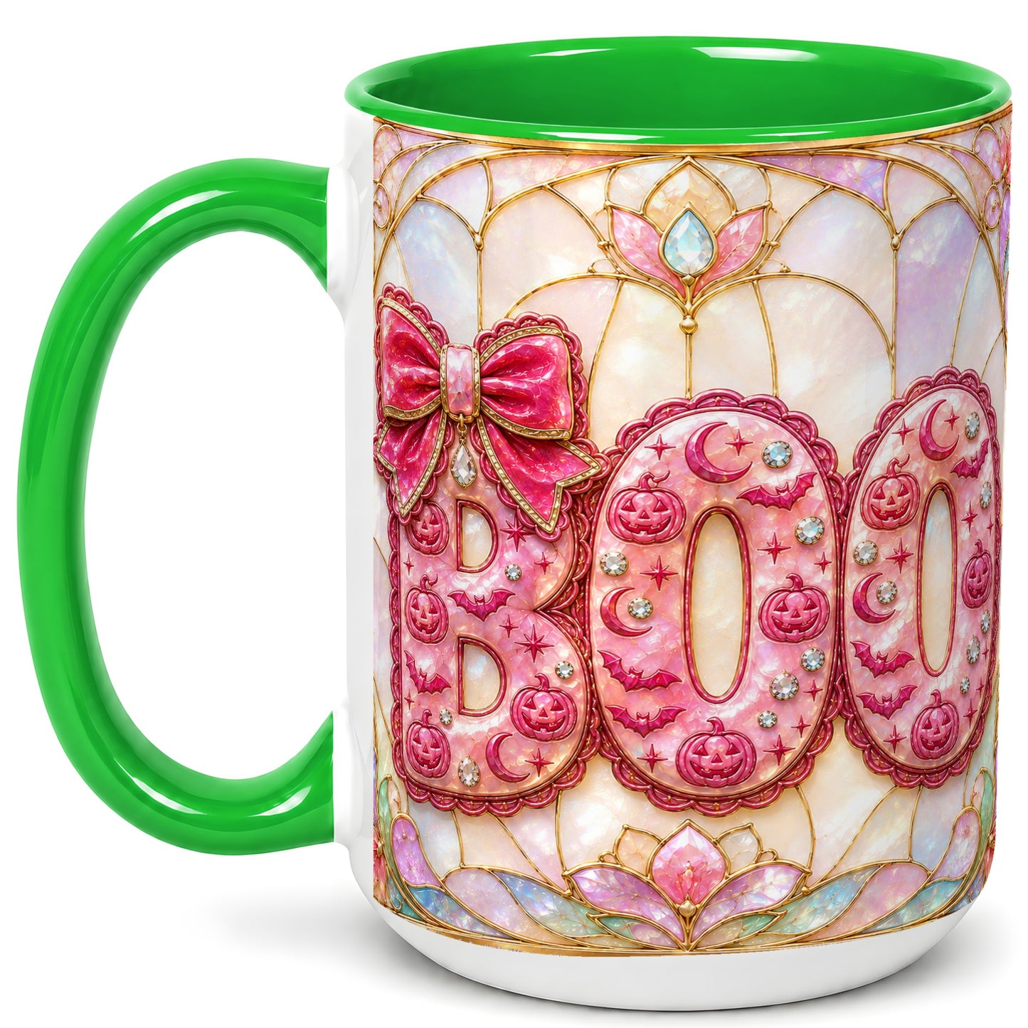 #pl[15oz|Green] Pink Halloween Coffee Mug, Pumpkin Moon Mug, Ceramic Cup