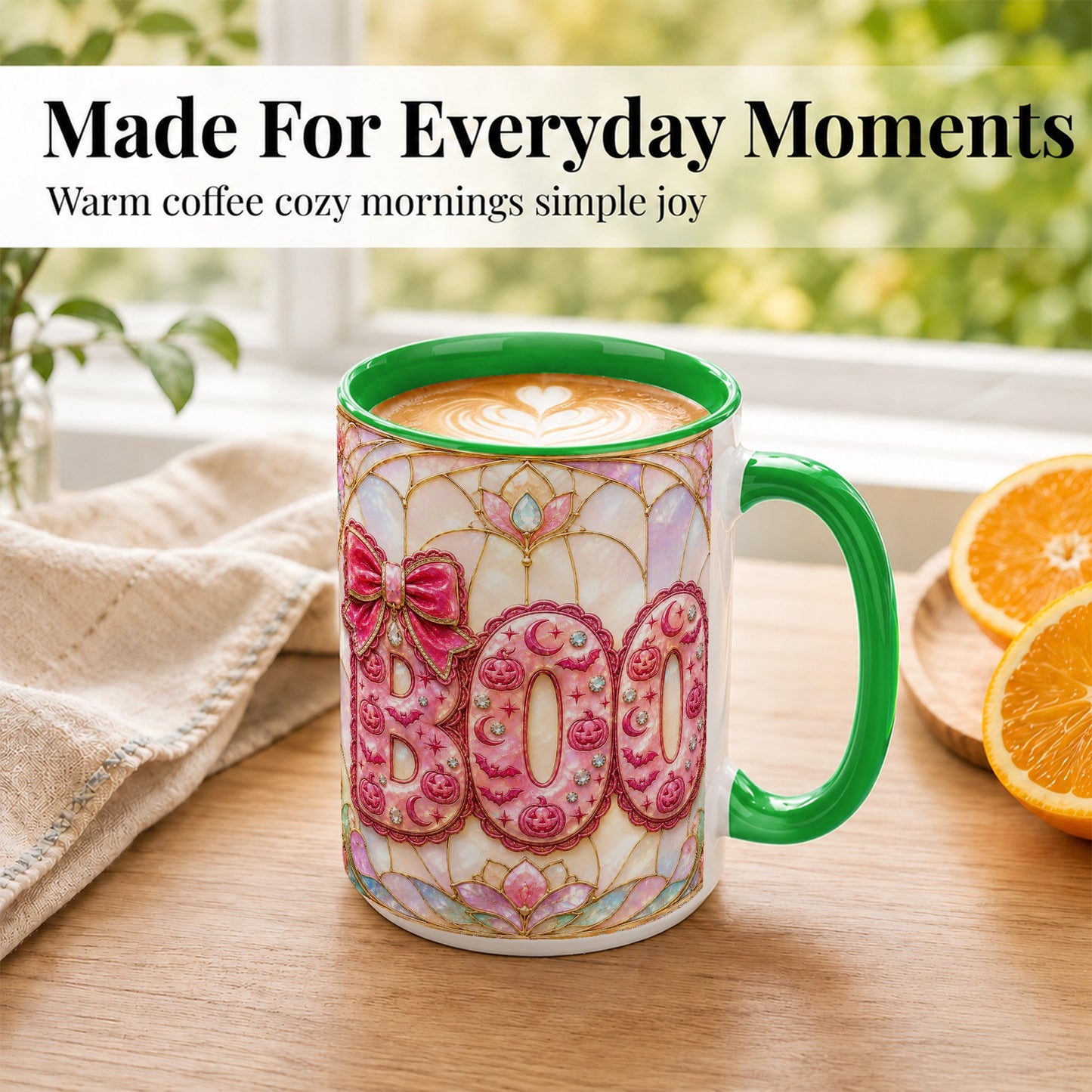 #pl[15oz|Green] Pink Halloween Coffee Mug, Pumpkin Moon Mug, Ceramic Cup