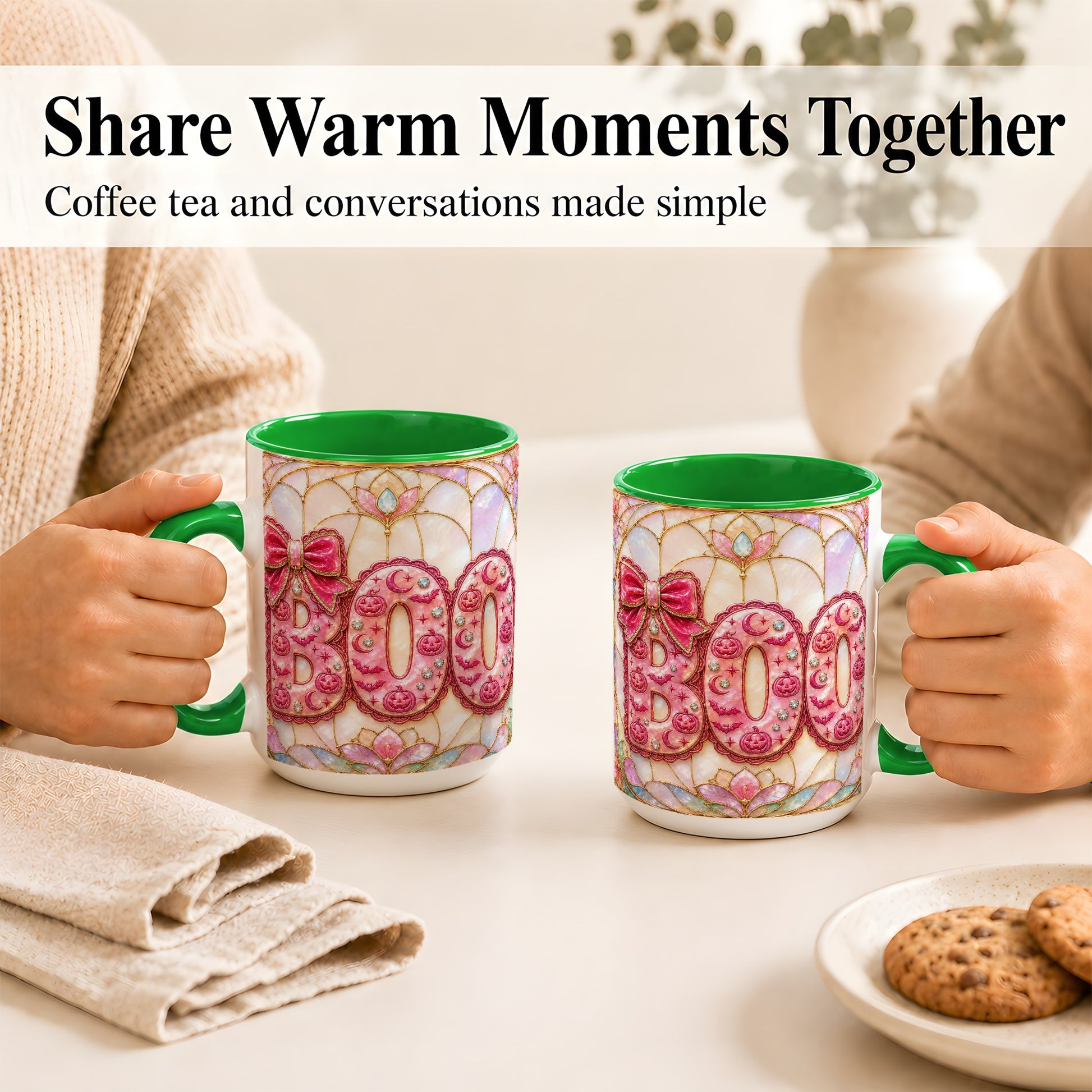 #pl[15oz|Green] Pink Halloween Coffee Mug, Pumpkin Moon Mug, Ceramic Cup