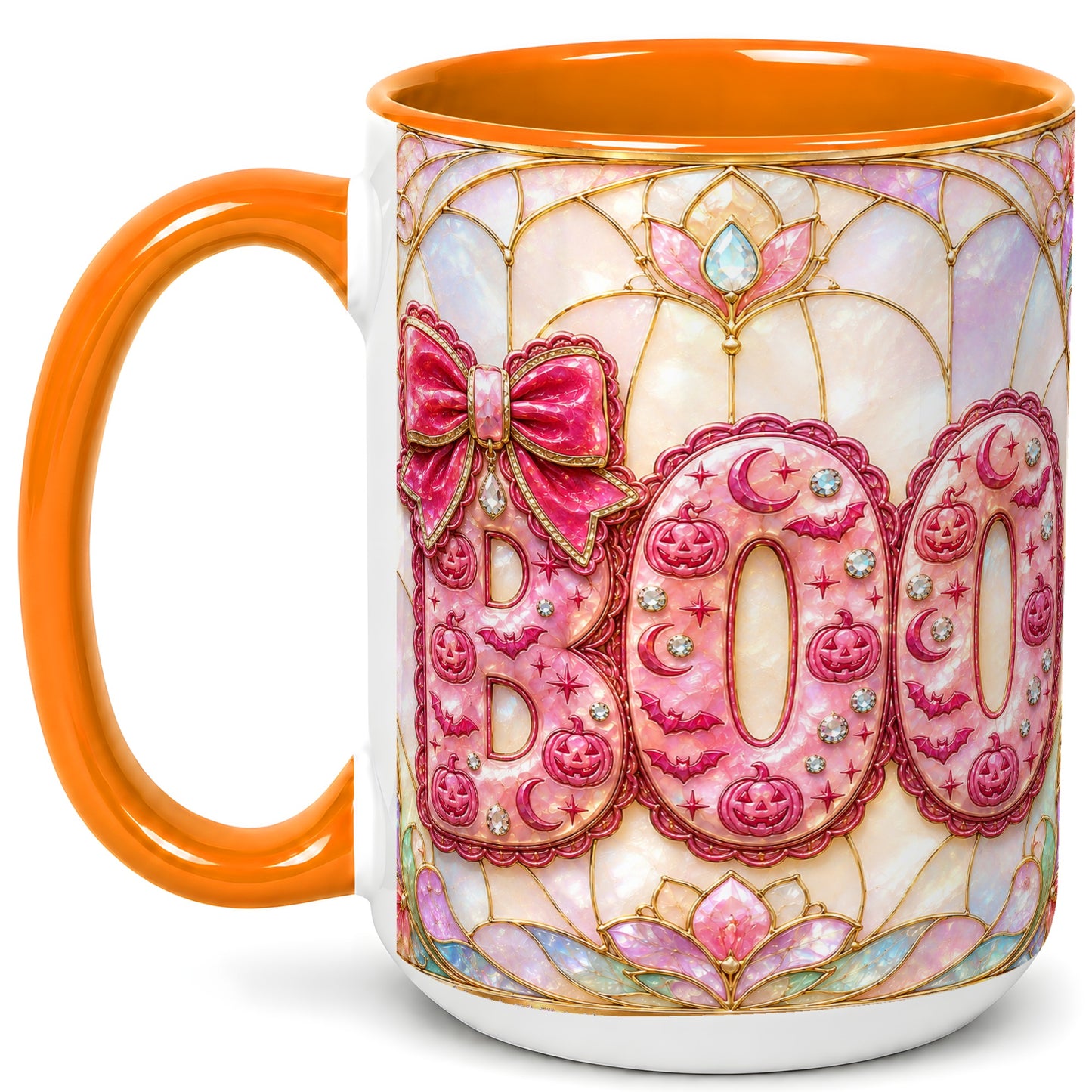 #pl[15oz|Orange] Pink Halloween Coffee Mug, Pumpkin Moon Mug, Ceramic Cup