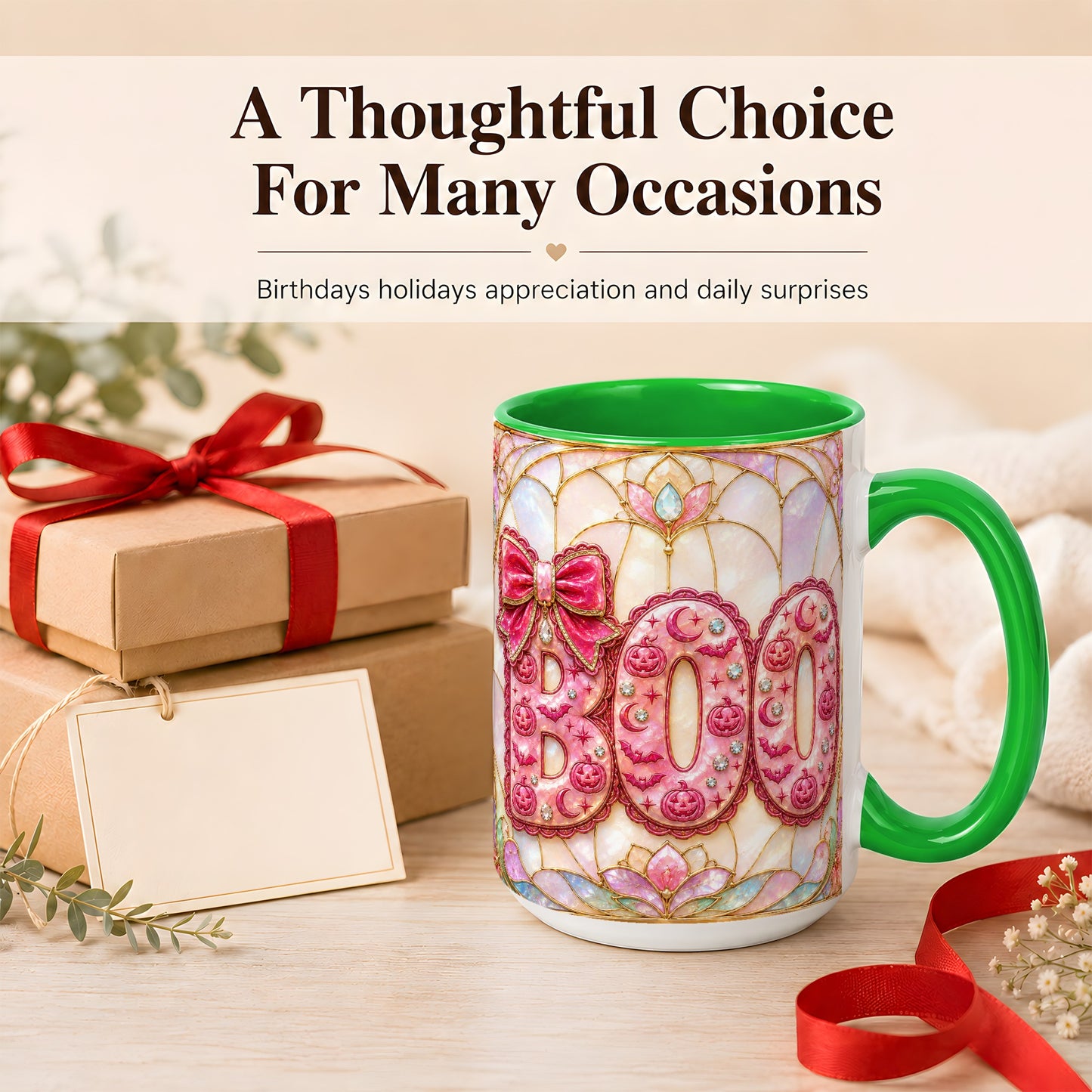 #pl[15oz|Green] Pink Halloween Coffee Mug, Pumpkin Moon Mug, Ceramic Cup