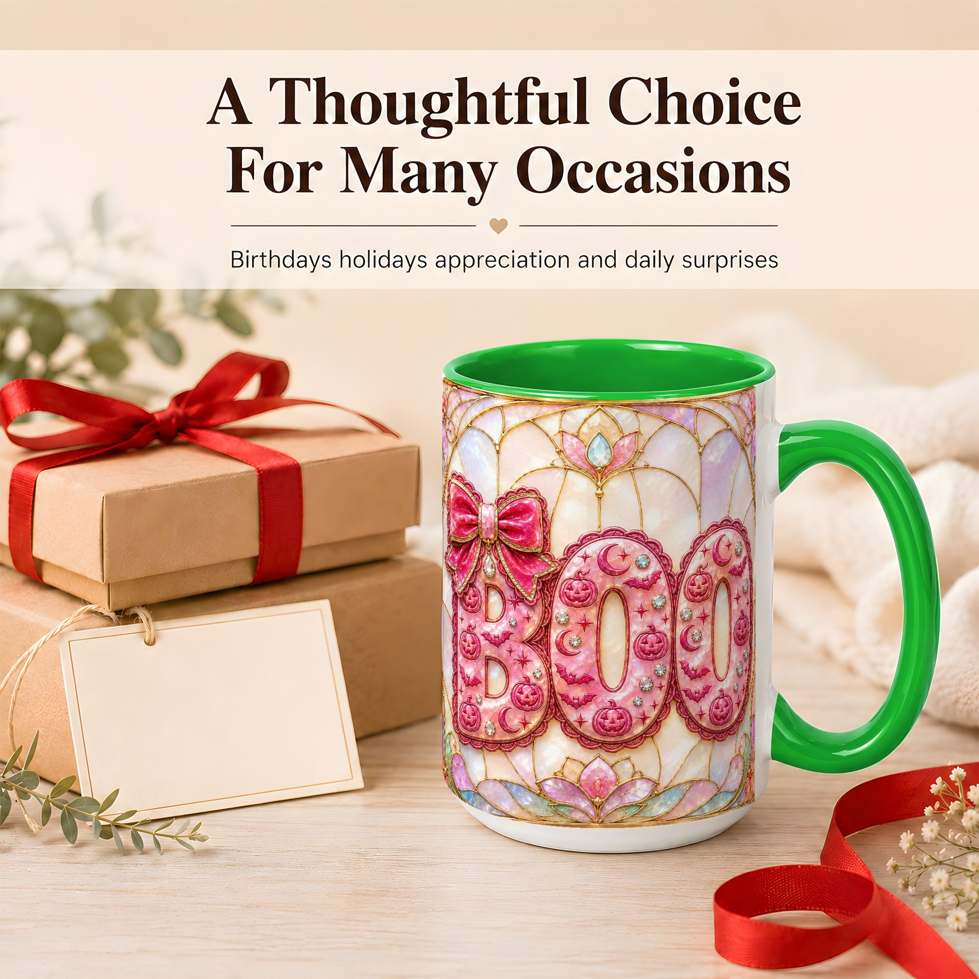 #pl[15oz|Green] Pink Halloween Coffee Mug, Pumpkin Moon Mug, Ceramic Cup