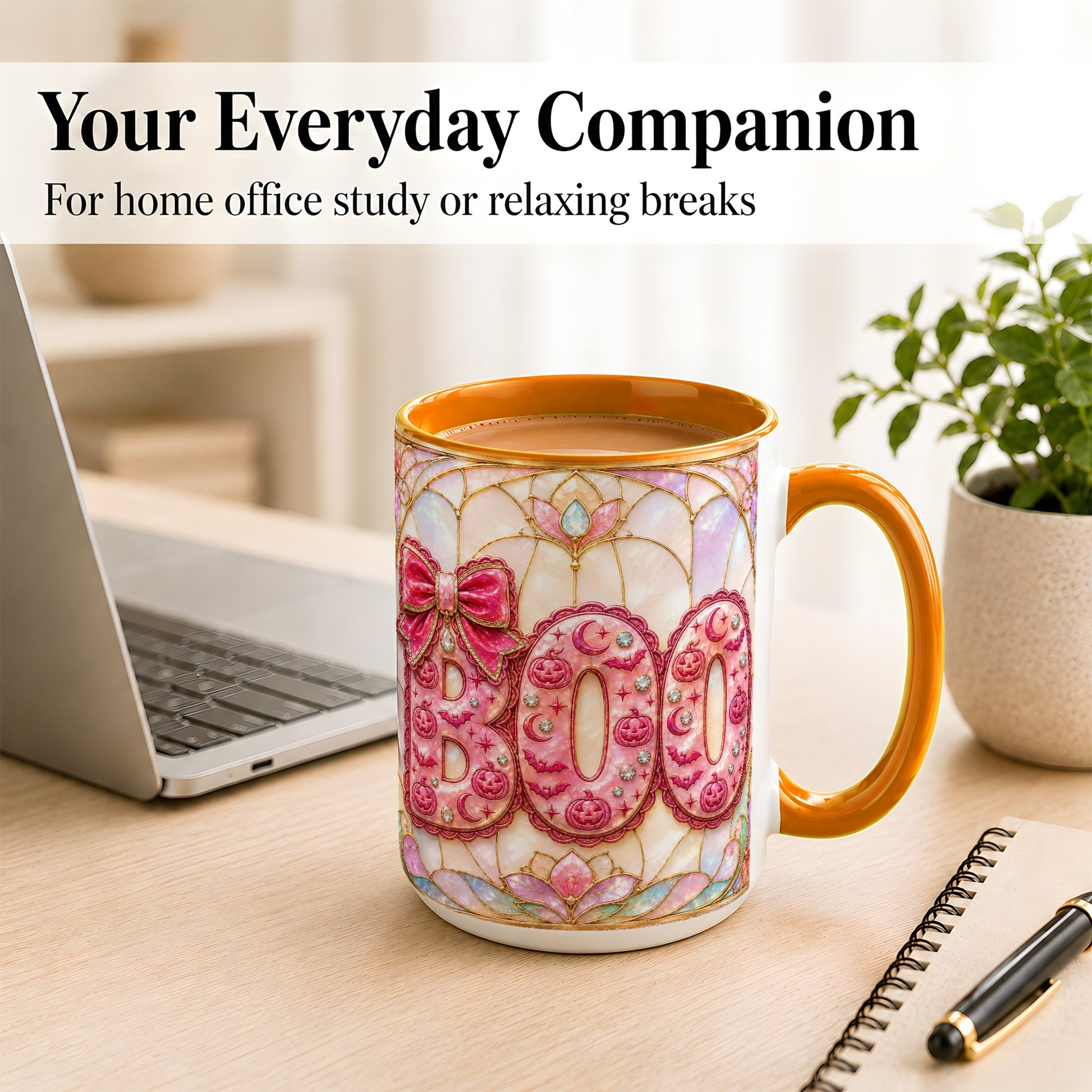 #pl[15oz|Orange] Pink Halloween Coffee Mug, Pumpkin Moon Mug, Ceramic Cup