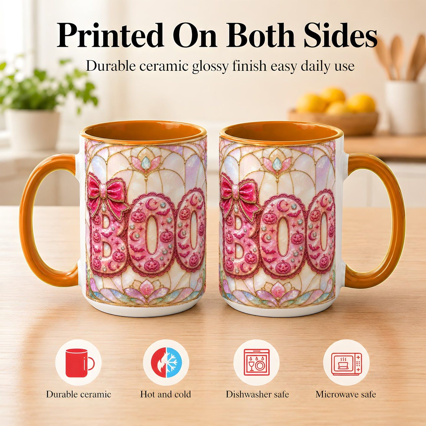 #pl[15oz|Orange] Pink Halloween Coffee Mug, Pumpkin Moon Mug, Ceramic Cup