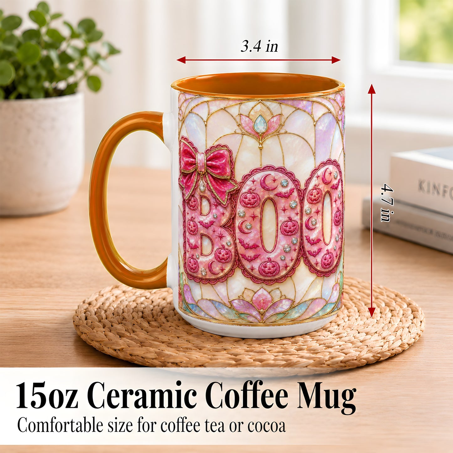 #pl[15oz|Orange] Pink Halloween Coffee Mug, Pumpkin Moon Mug, Ceramic Cup