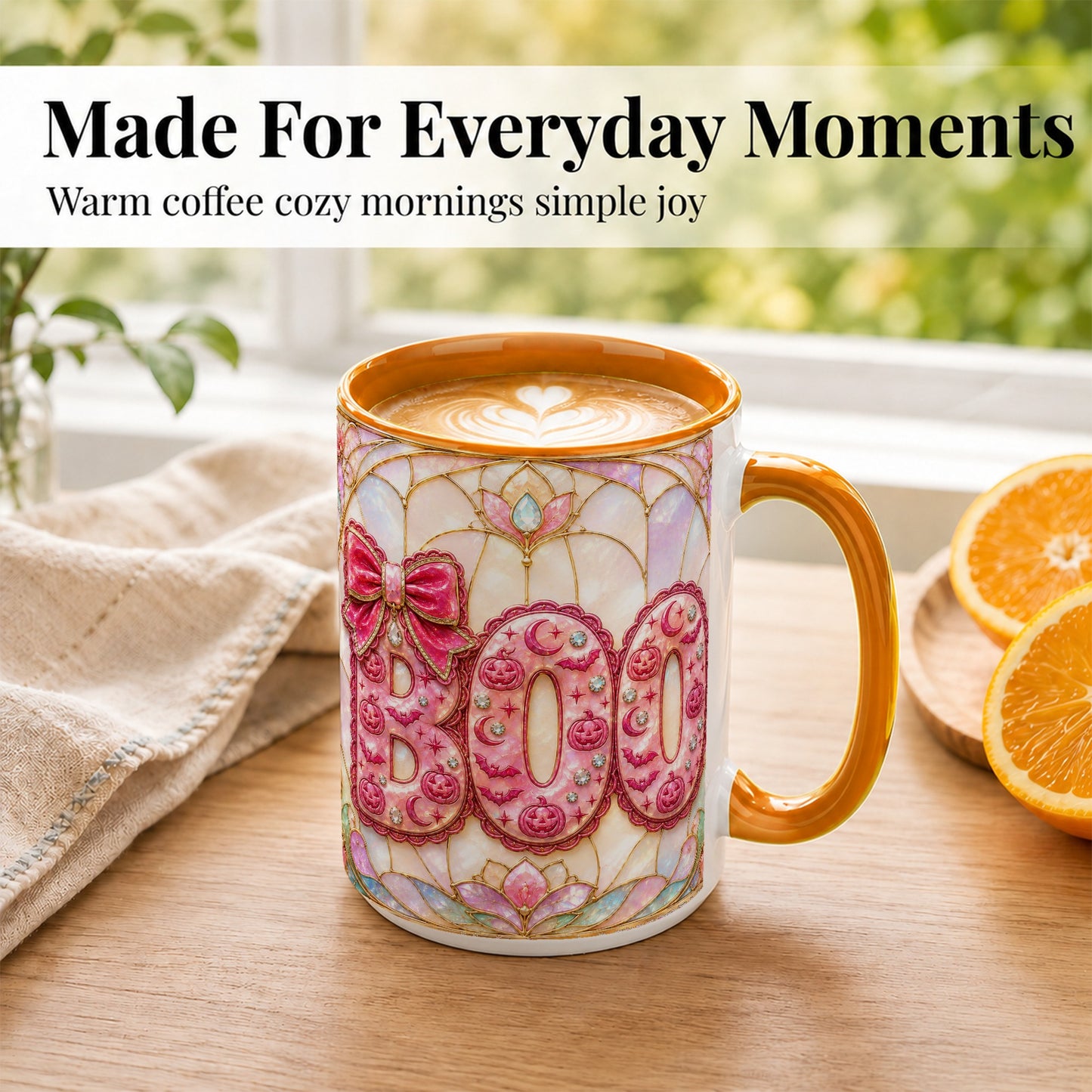 #pl[15oz|Orange] Pink Halloween Coffee Mug, Pumpkin Moon Mug, Ceramic Cup