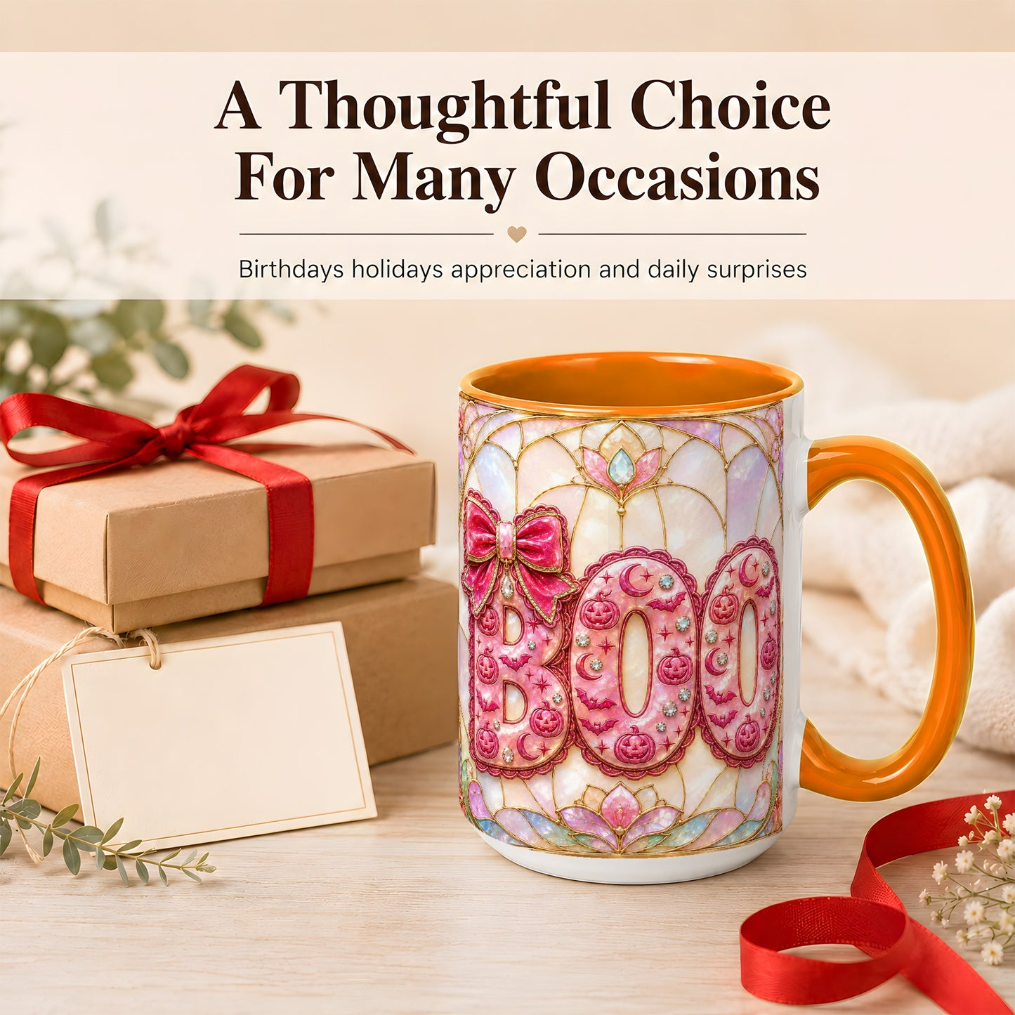 #pl[15oz|Orange] Pink Halloween Coffee Mug, Pumpkin Moon Mug, Ceramic Cup