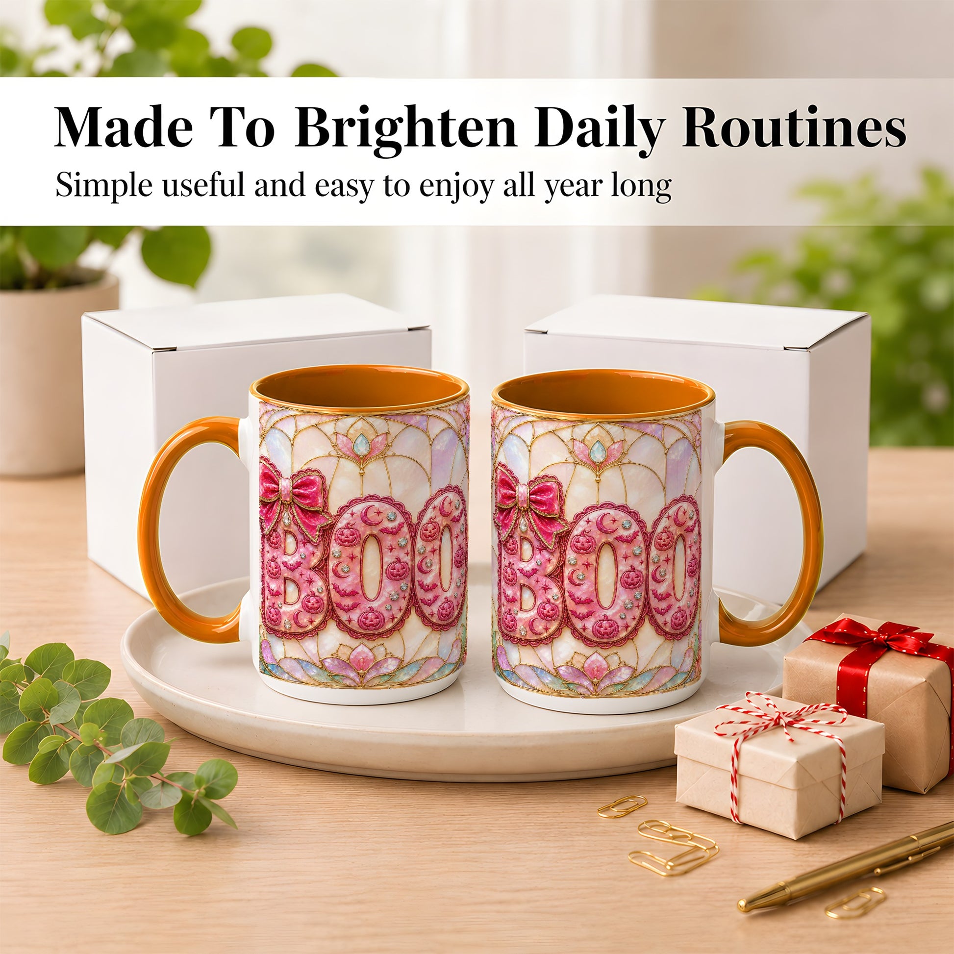 #pl[15oz|Orange] Pink Halloween Coffee Mug, Pumpkin Moon Mug, Ceramic Cup