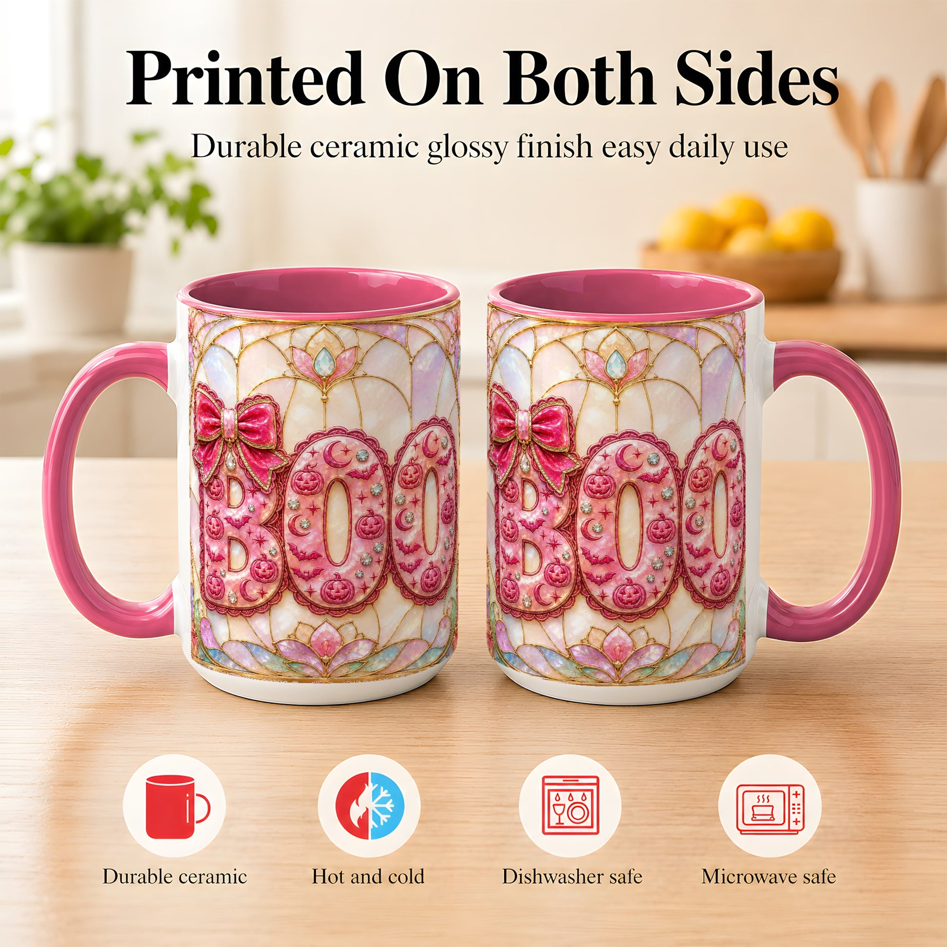 #pl[15oz|Pink] Pink Halloween Coffee Mug, Pumpkin Moon Mug, Ceramic Cup
